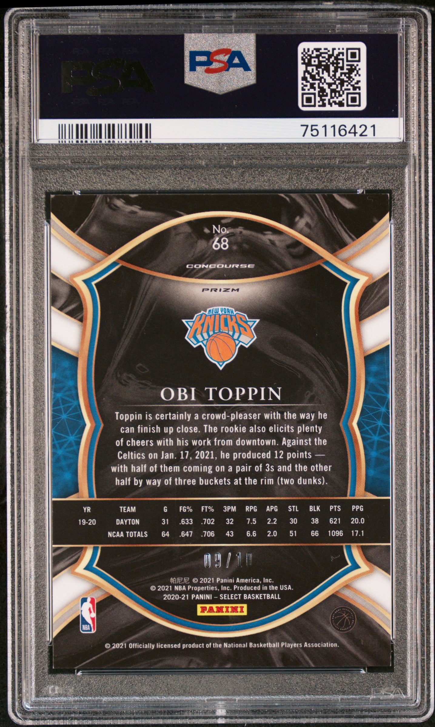 2020 Panini Select Obi Toppin #68 Pink Prizm RC PSA 9