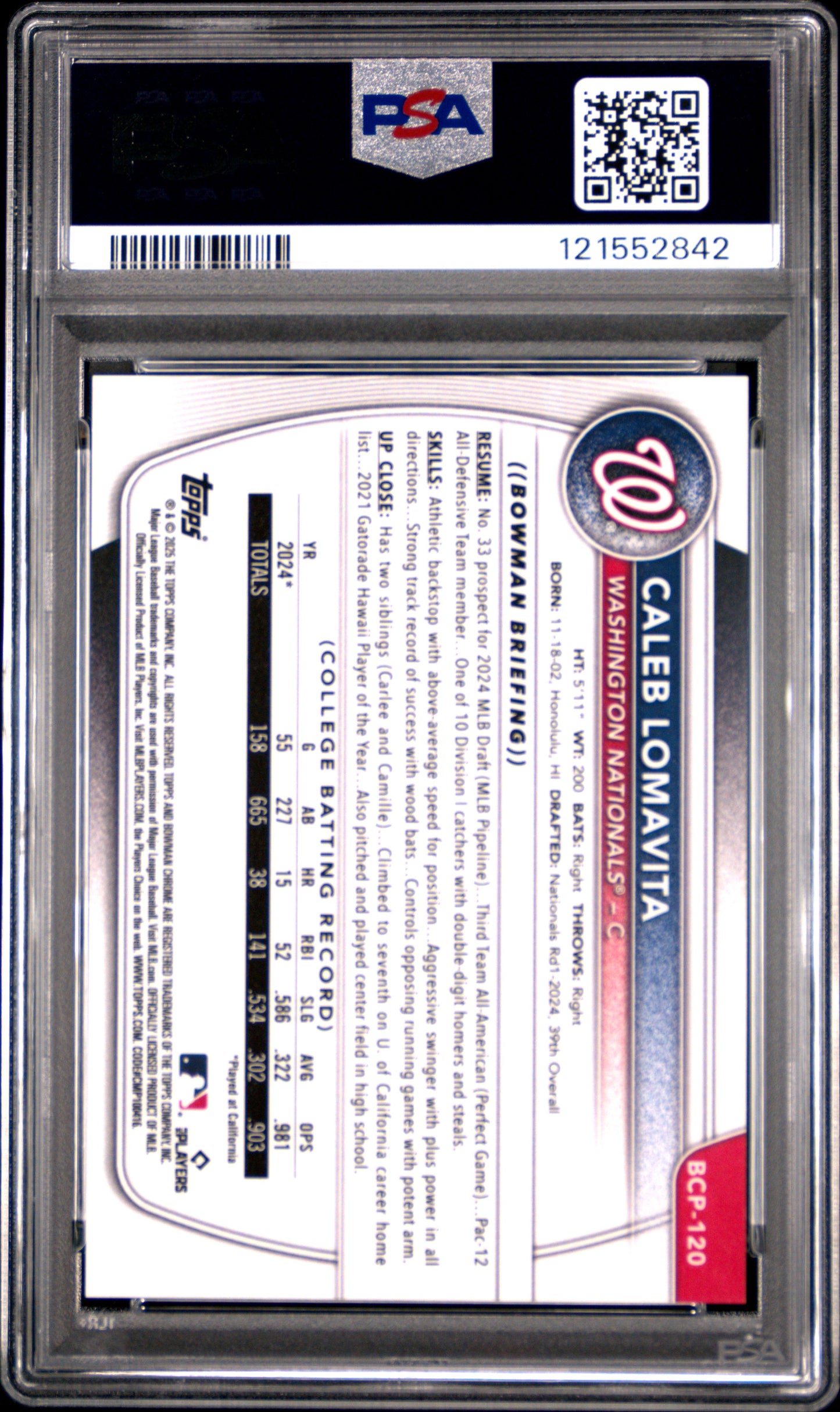 2025 Bowman Sapphire Chrome Prospects Caleb Lomavita #BCP-120 Green 82/99 PSA 10