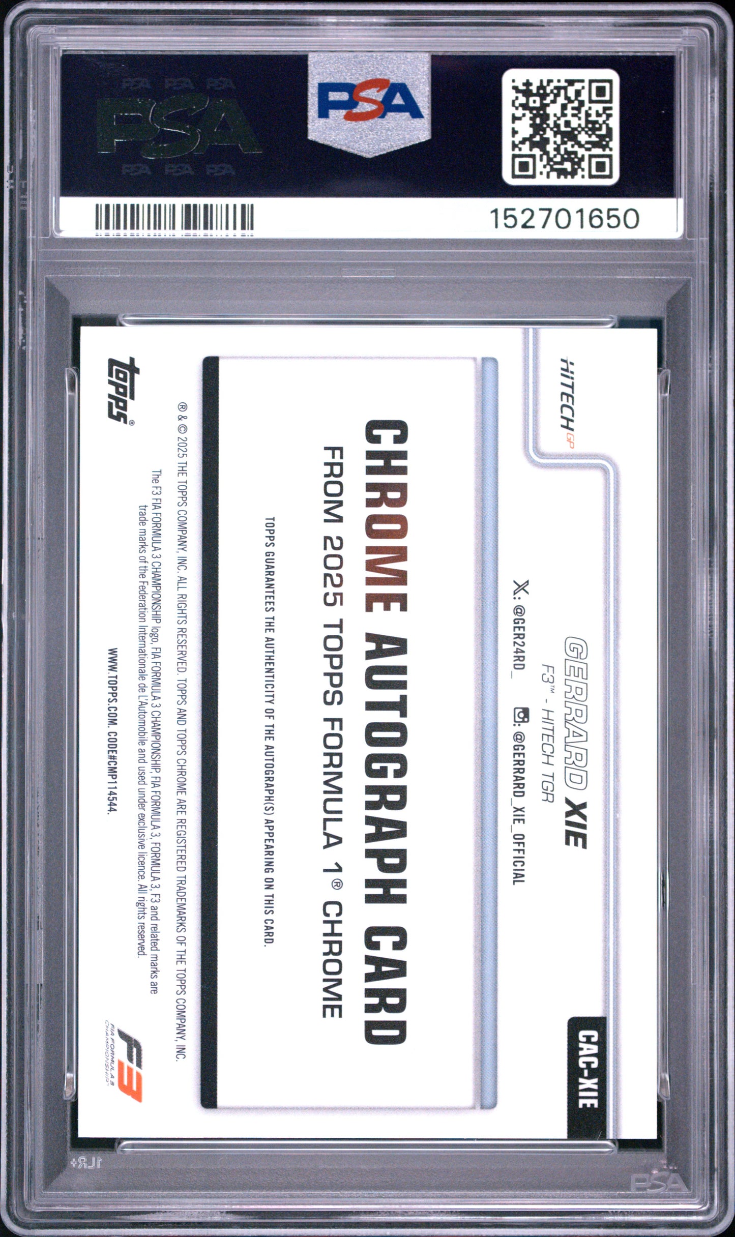 2025 Topps Chrome Formula 1 Autographs Gerrard Xie #CAC-XIE Gold 32/50 PSA 10