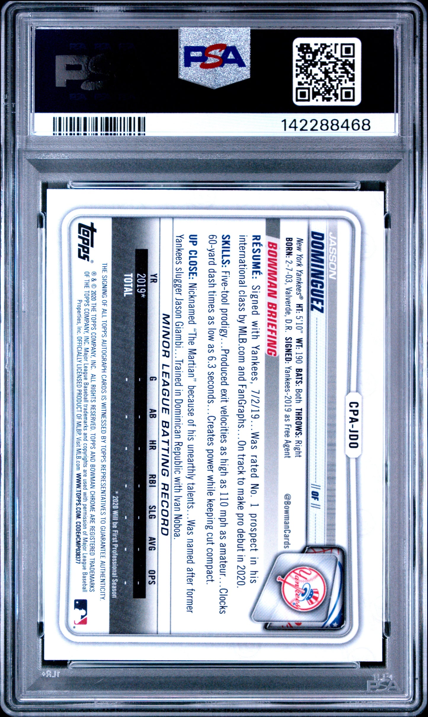 2020 Bowman Chrome Prospect Autographs Jasson Dominguez #CPAJDO PSA 10