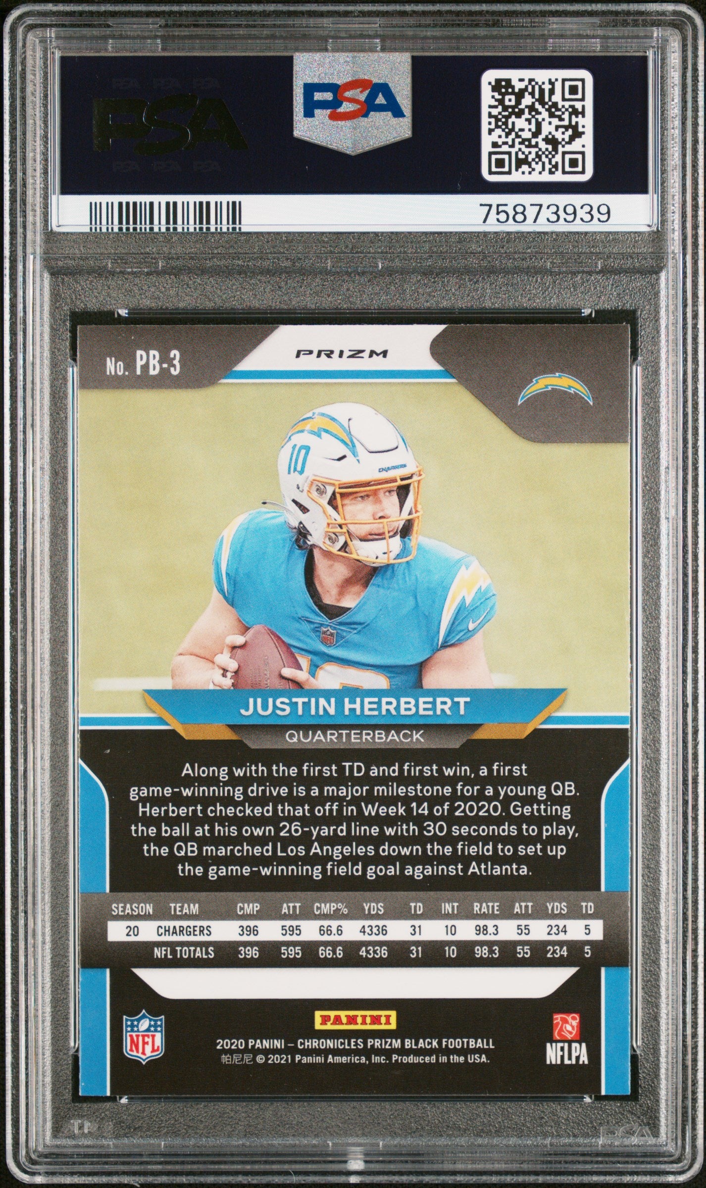 2020 Panini Chronicles Prizm Black Justin Herbert #PB-3 Silver RC PSA 10