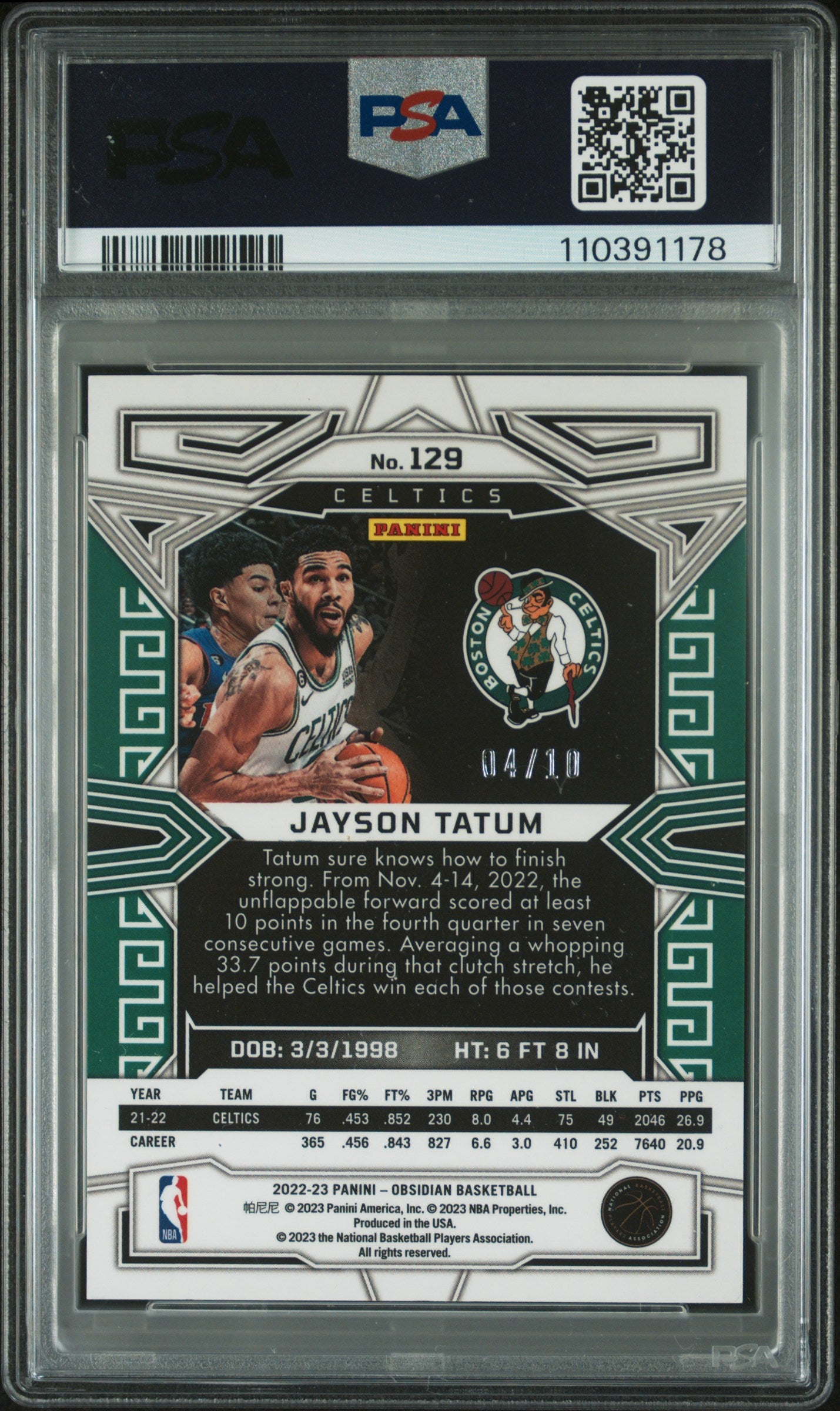 2022 Panini Obsidian Jayson Tatum #129 Electric Etch Yellow Flood 04/10 PSA 9