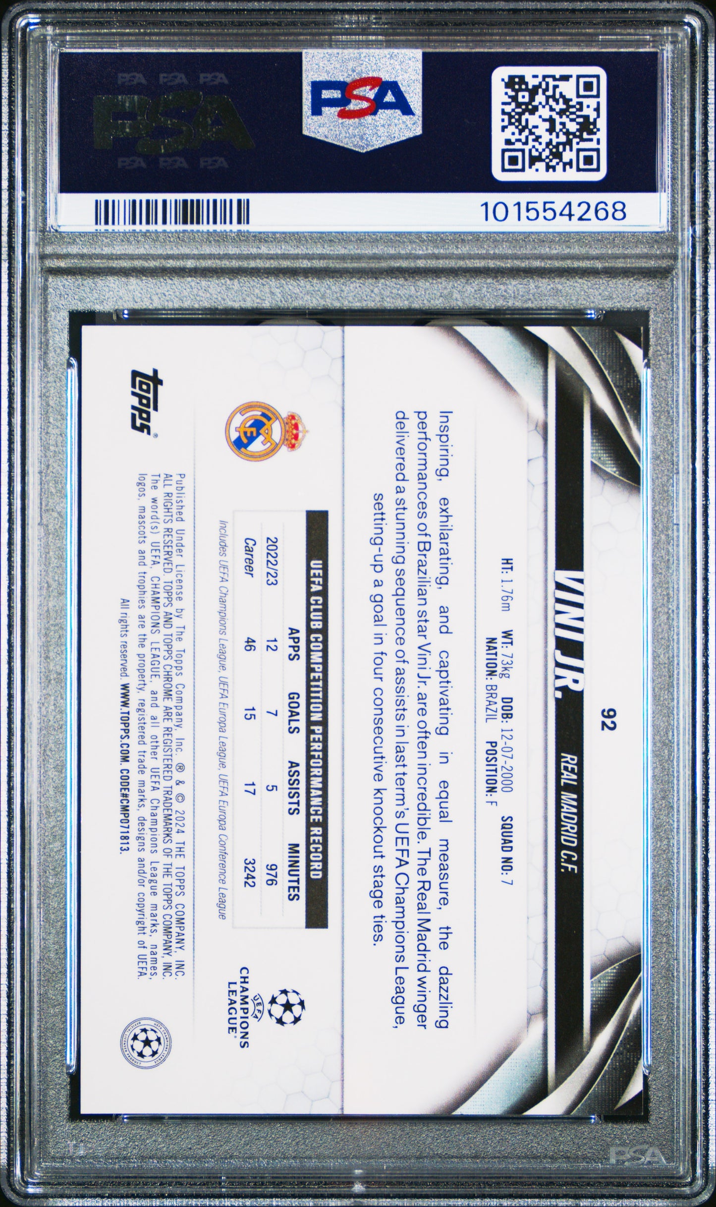 2023 Topps Chrome UEFA Club Competitions Vini Jr. #92 Black Ref. 02/10 PSA 10