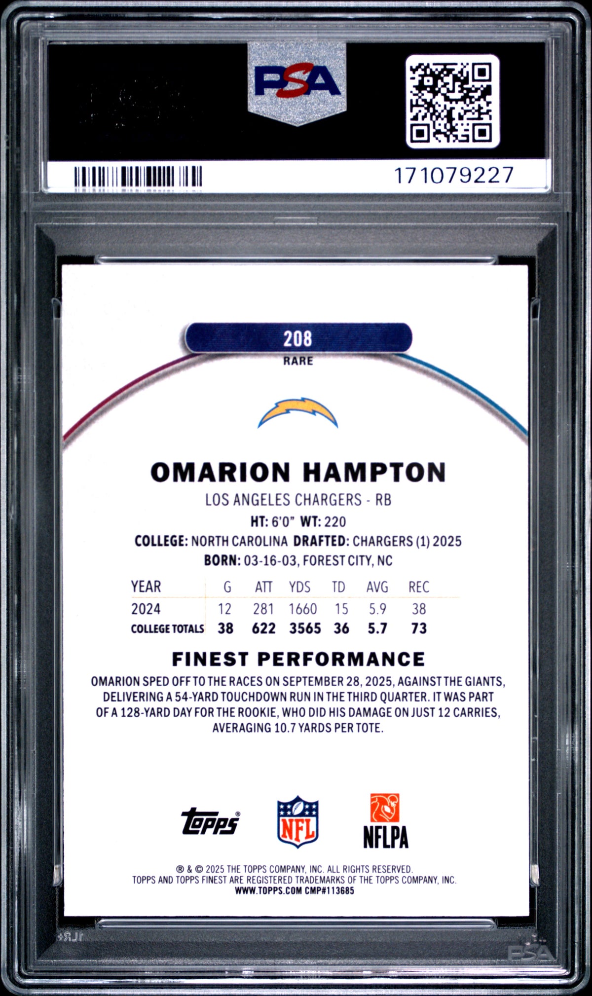 2025 Topps Finest Omarion Hampton #208 Blue Refractor 88/99 PSA 7