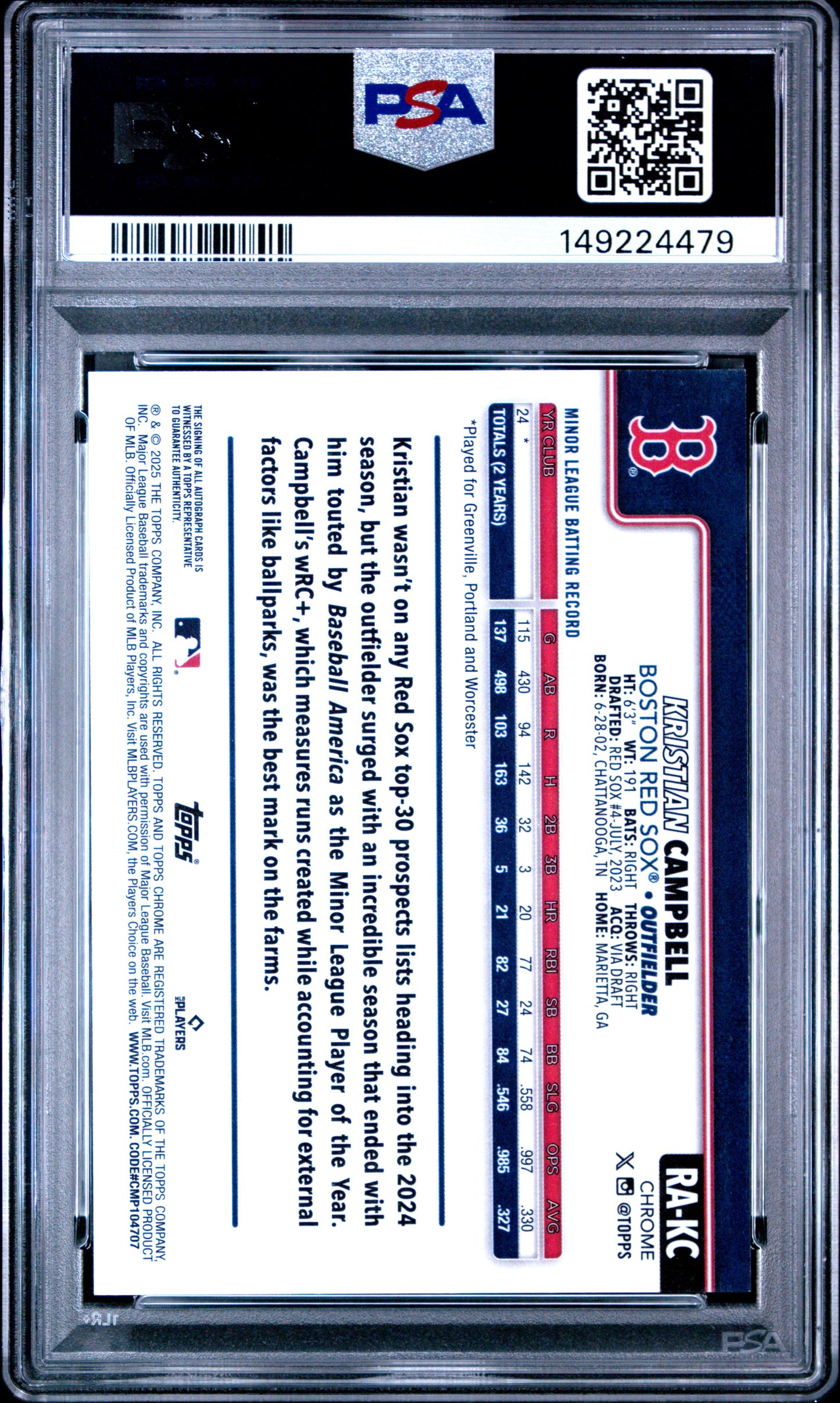 2025 Topps Chrome Rookie Autographs Kristian Campbell #RAKC PSA 9