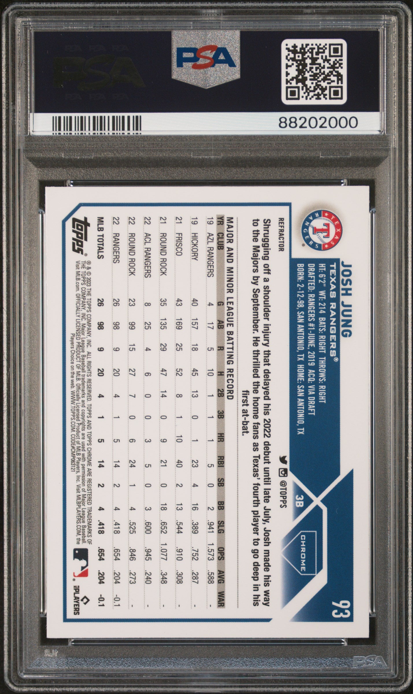 2023 Topps Chrome Josh Jung #93 Refractor PSA 10