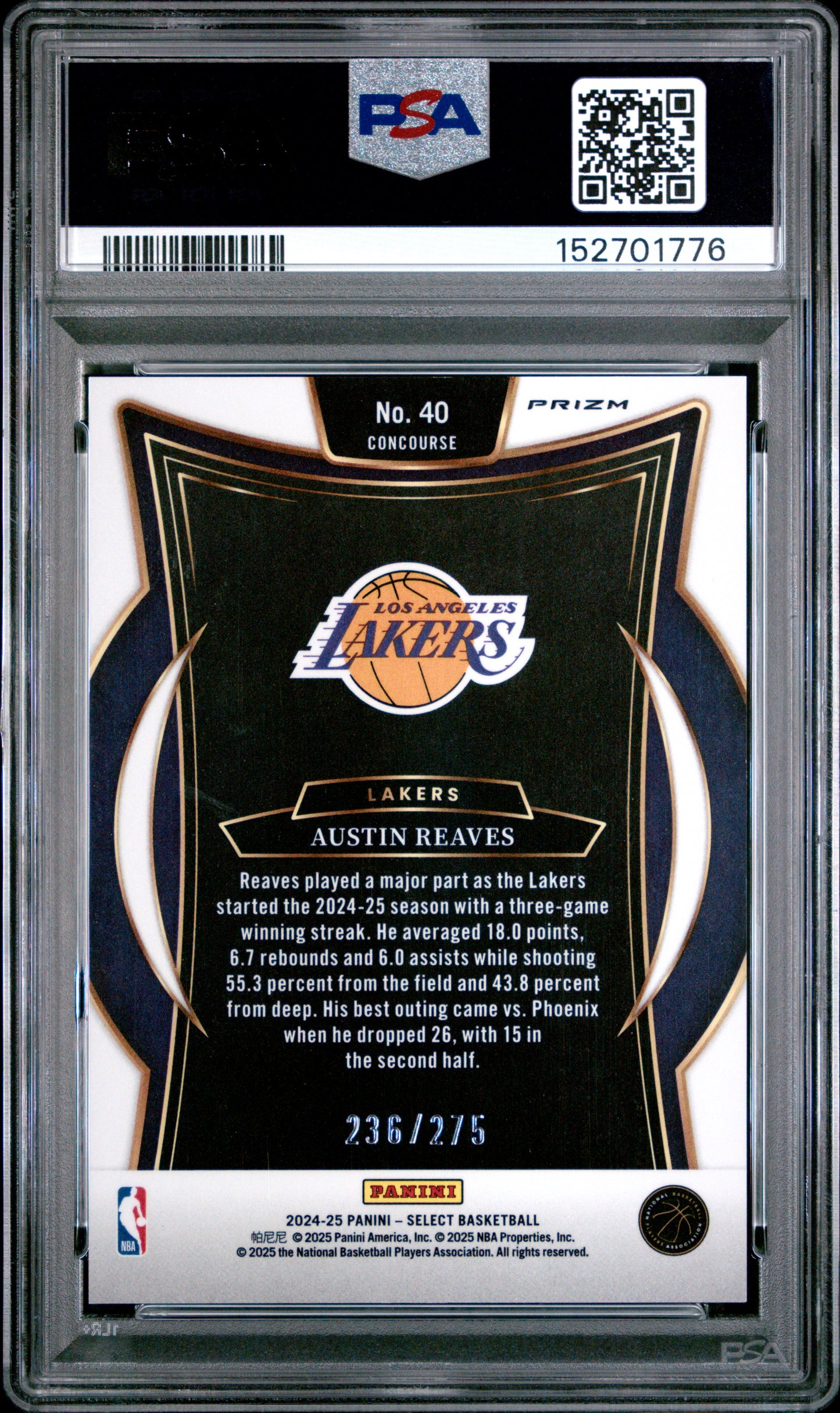 2024 Panini Select Austin Reaves #40 Orange Cracked Ice 236/275 PSA 8