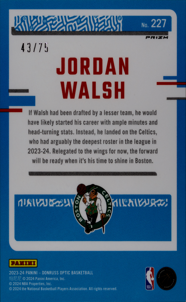2023 Donruss Optic Jordan Walsh #227 Red Glitter 43/75 SGC 9.5
