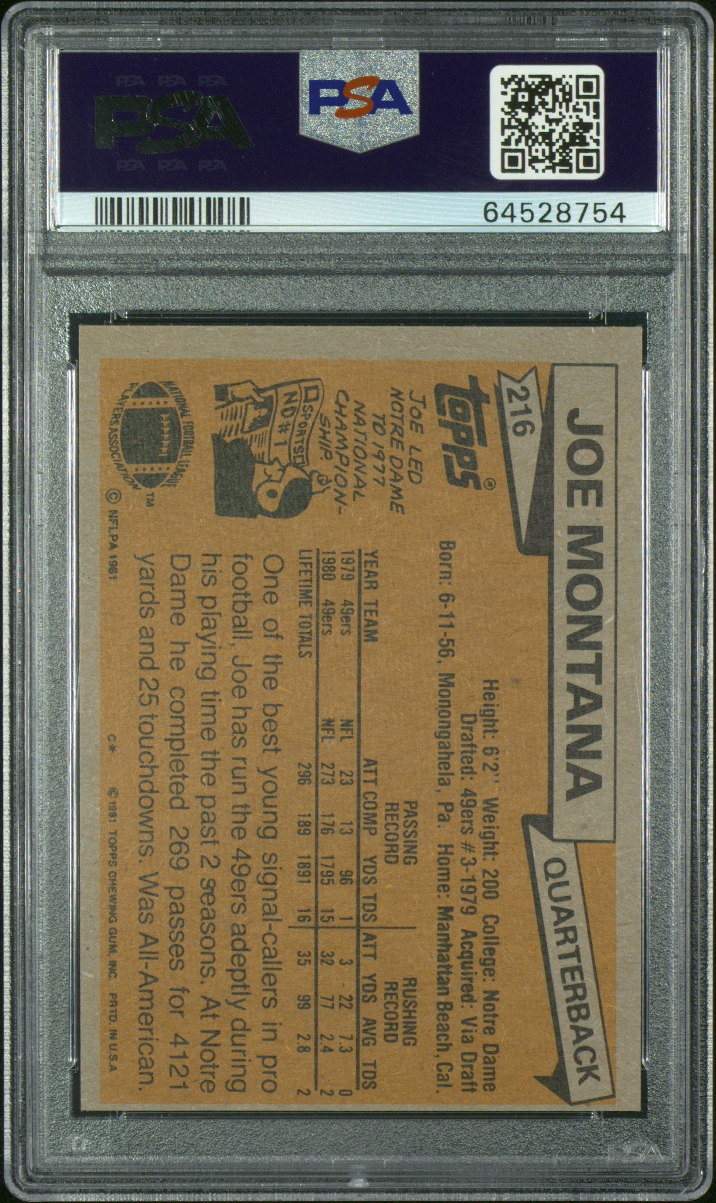 1981 Topps Joe Montana #216 PSA 6