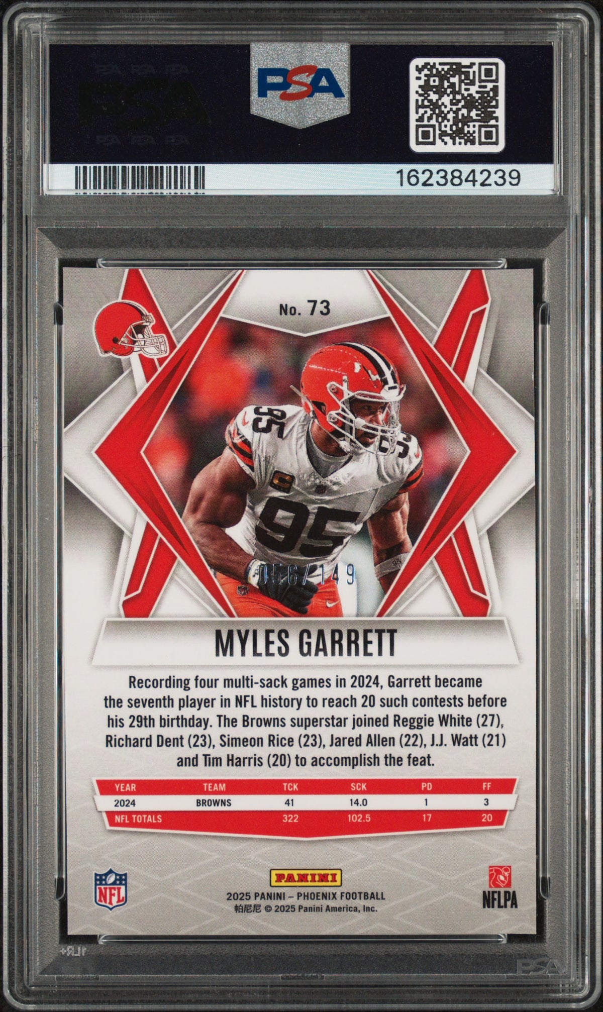 2025 Panini Phoenix Myles Garrett #73 Pink Lazer 056/149 PSA 9