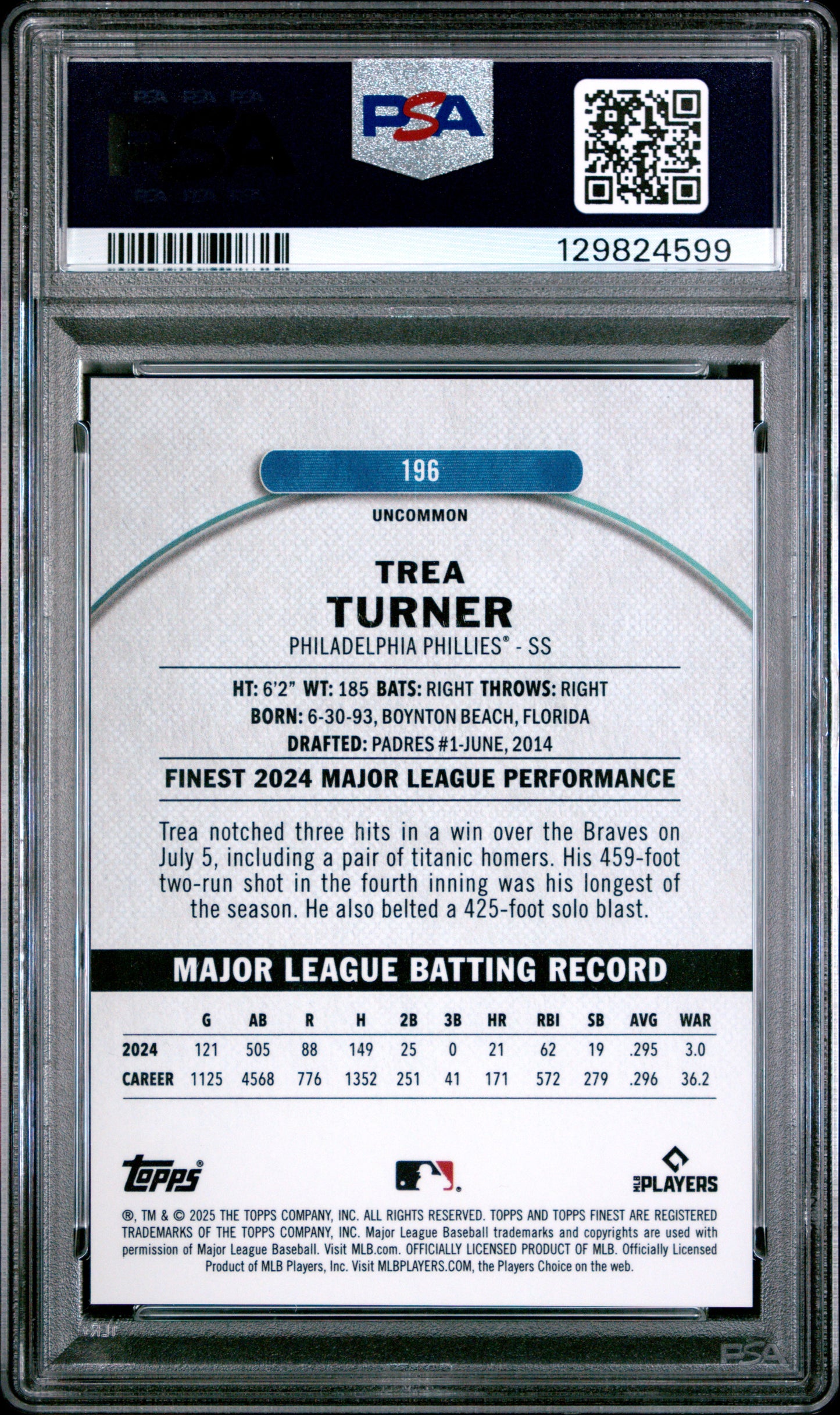 2025 Topps Finest Trea Turner #196 Black Refractor 01/15 PSA 10