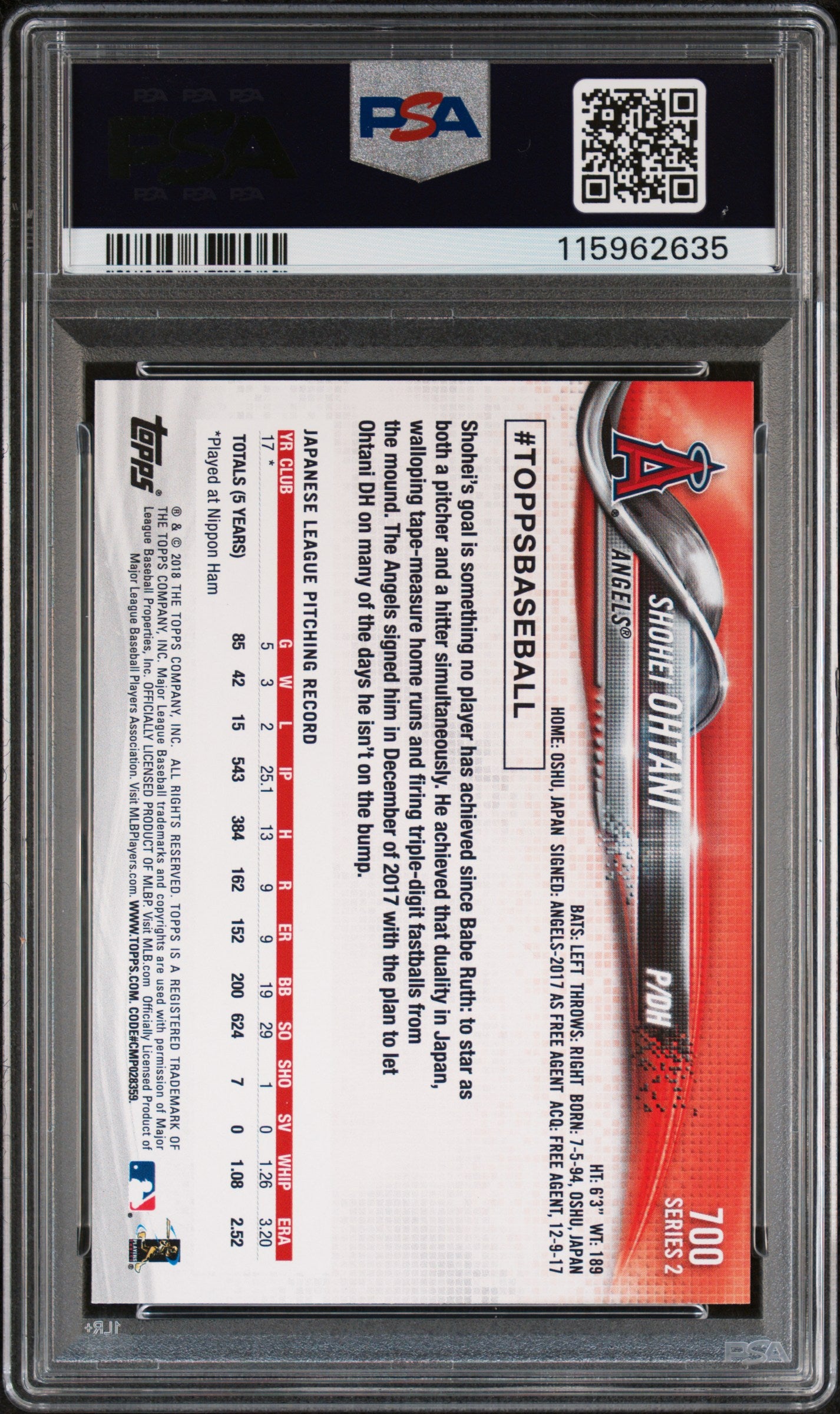 2018 Topps Shohei Ohtani #700 Pitching RC PSA 8