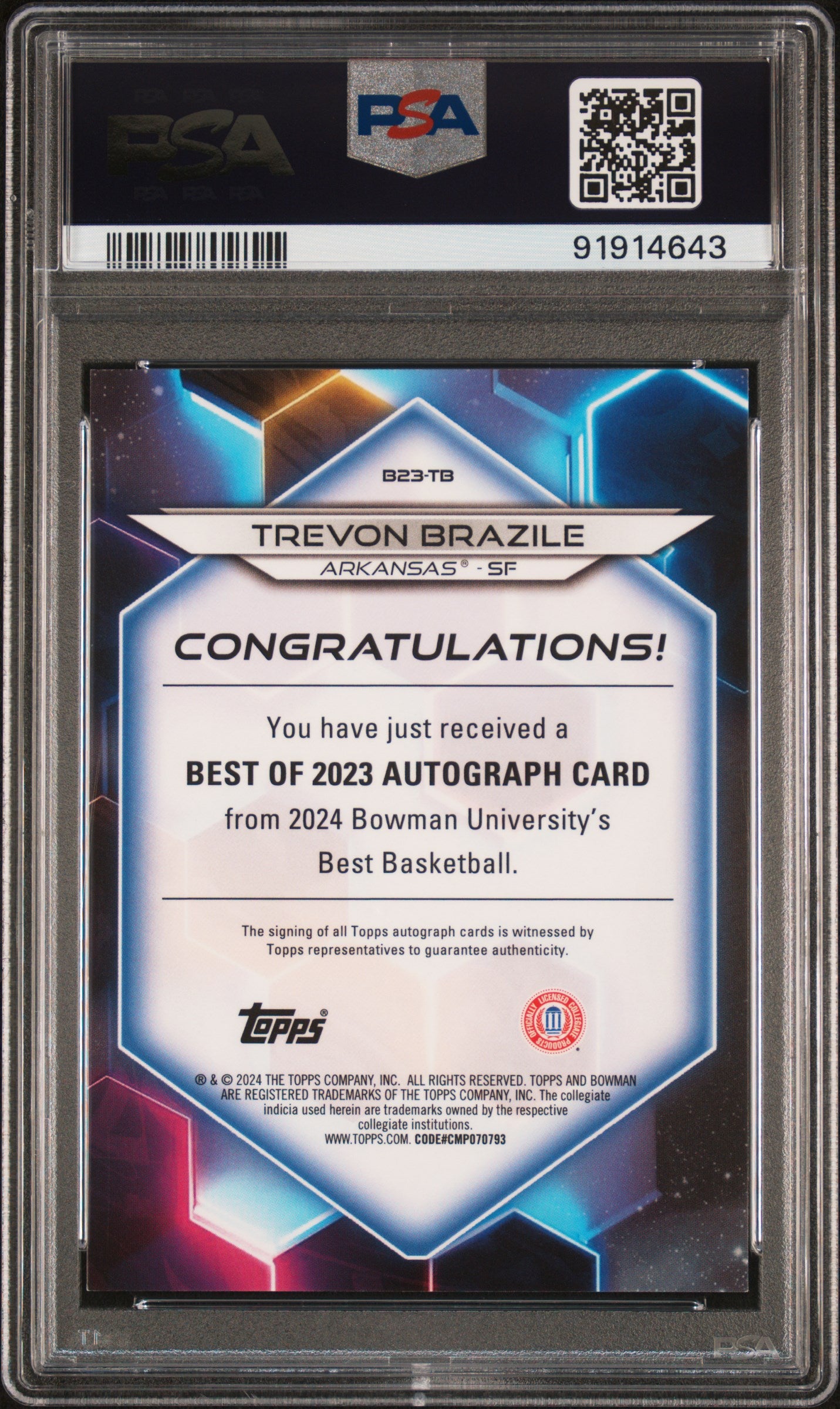 2023 Bowman University Best Of 2023 Autographs Trevon Brazile #TB Red 5/10 PSA 9