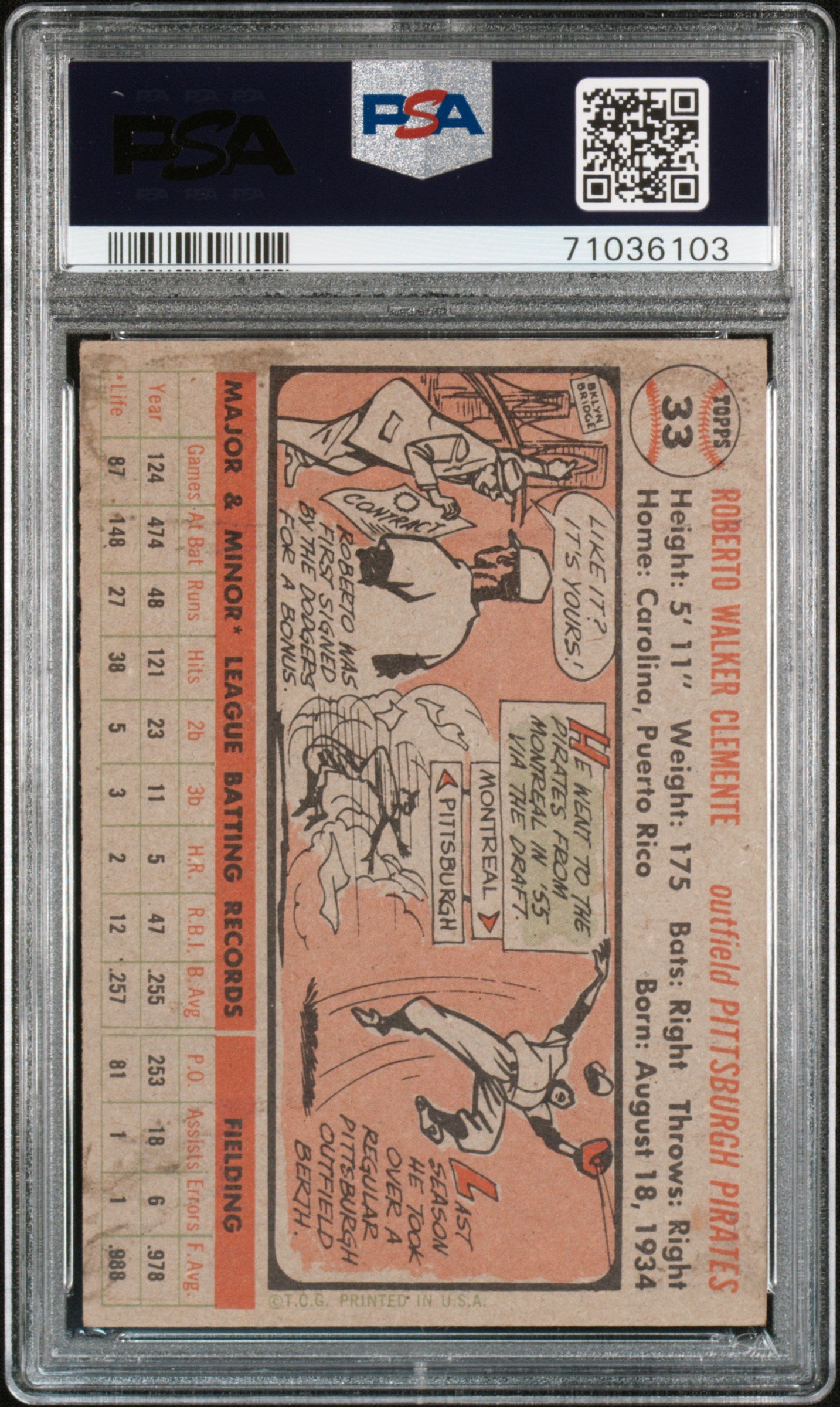 1956 Topps Roberto Clemente #33 Gray Back PSA 3