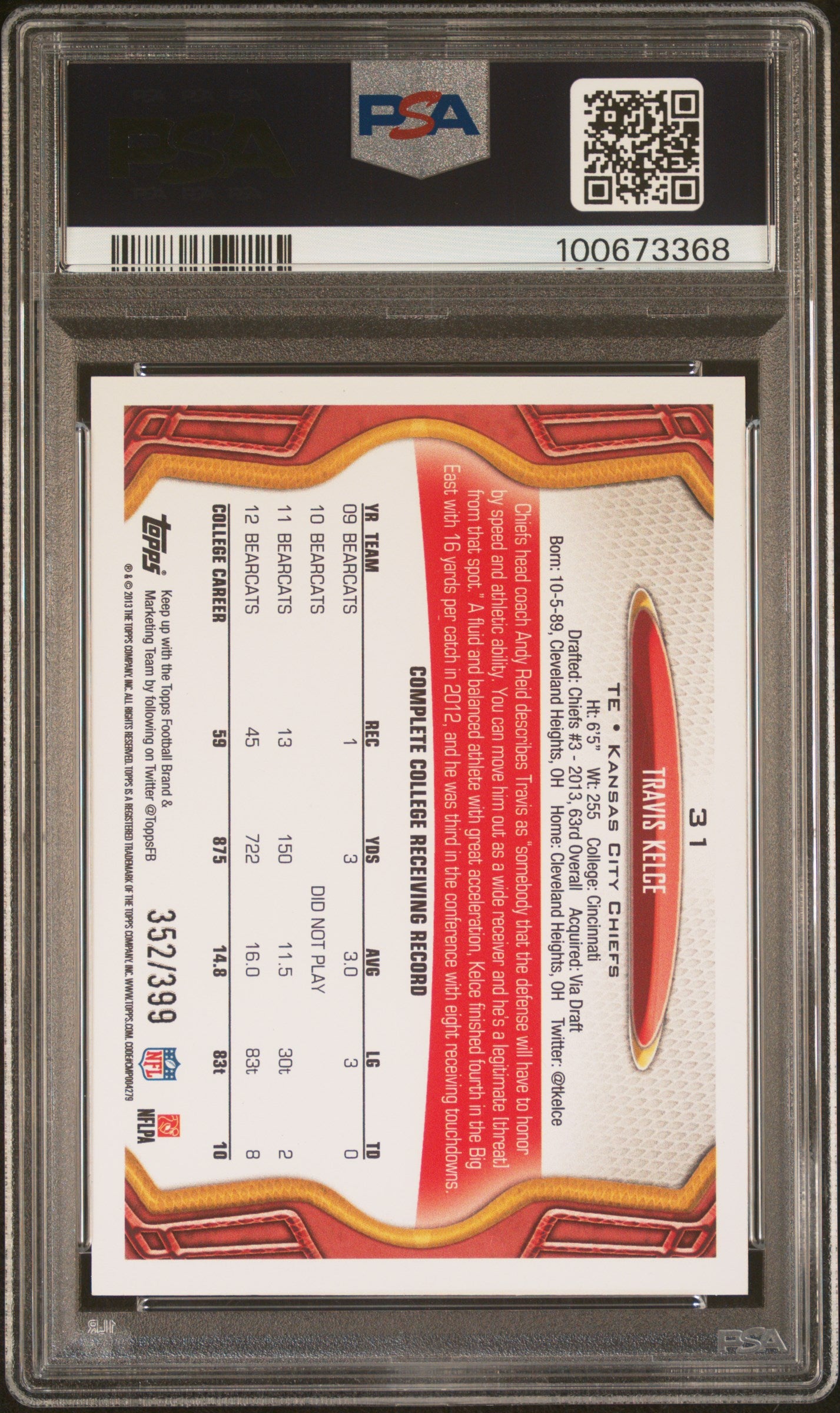 2013 Topps Travis Kelce #31 Pink RC PSA 9