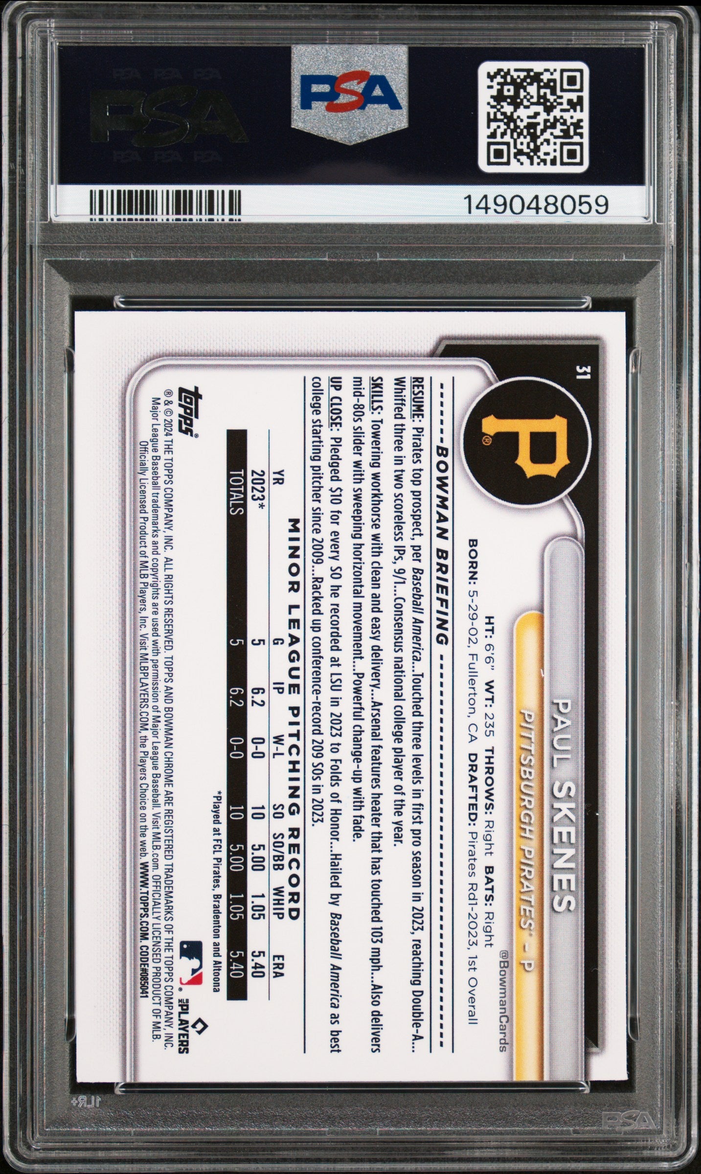2024 Bowman Chrome Paul Skenes #31 PSA 9