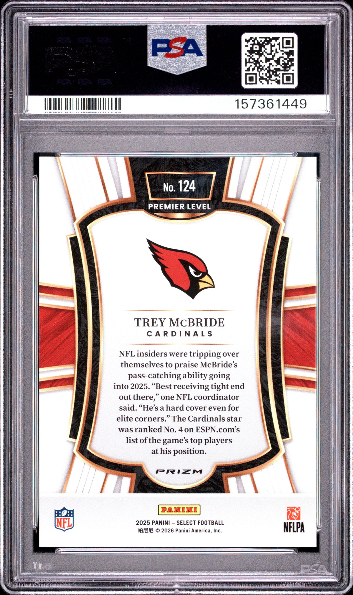 2025 Panini Select Trey McBride #124 Tiger Prizm PSA 10