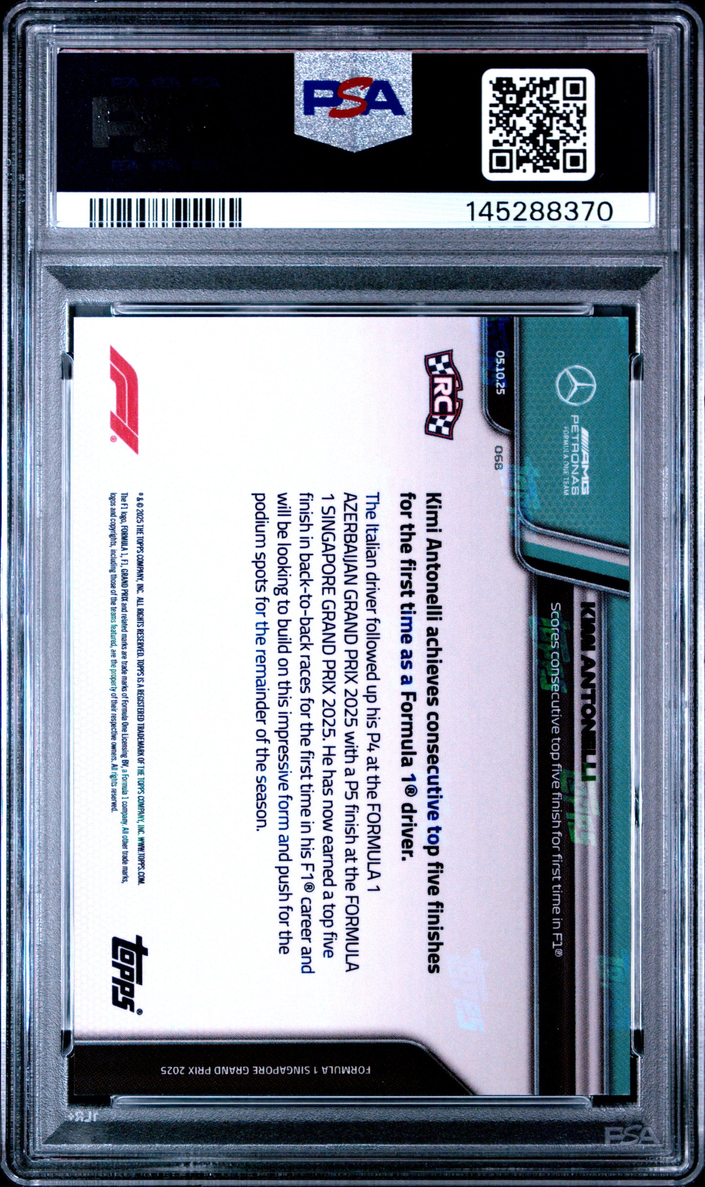 2025 Topps Now Formula 1 Kimi Antonelli #68 Gold Foil 27/50 PSA 10
