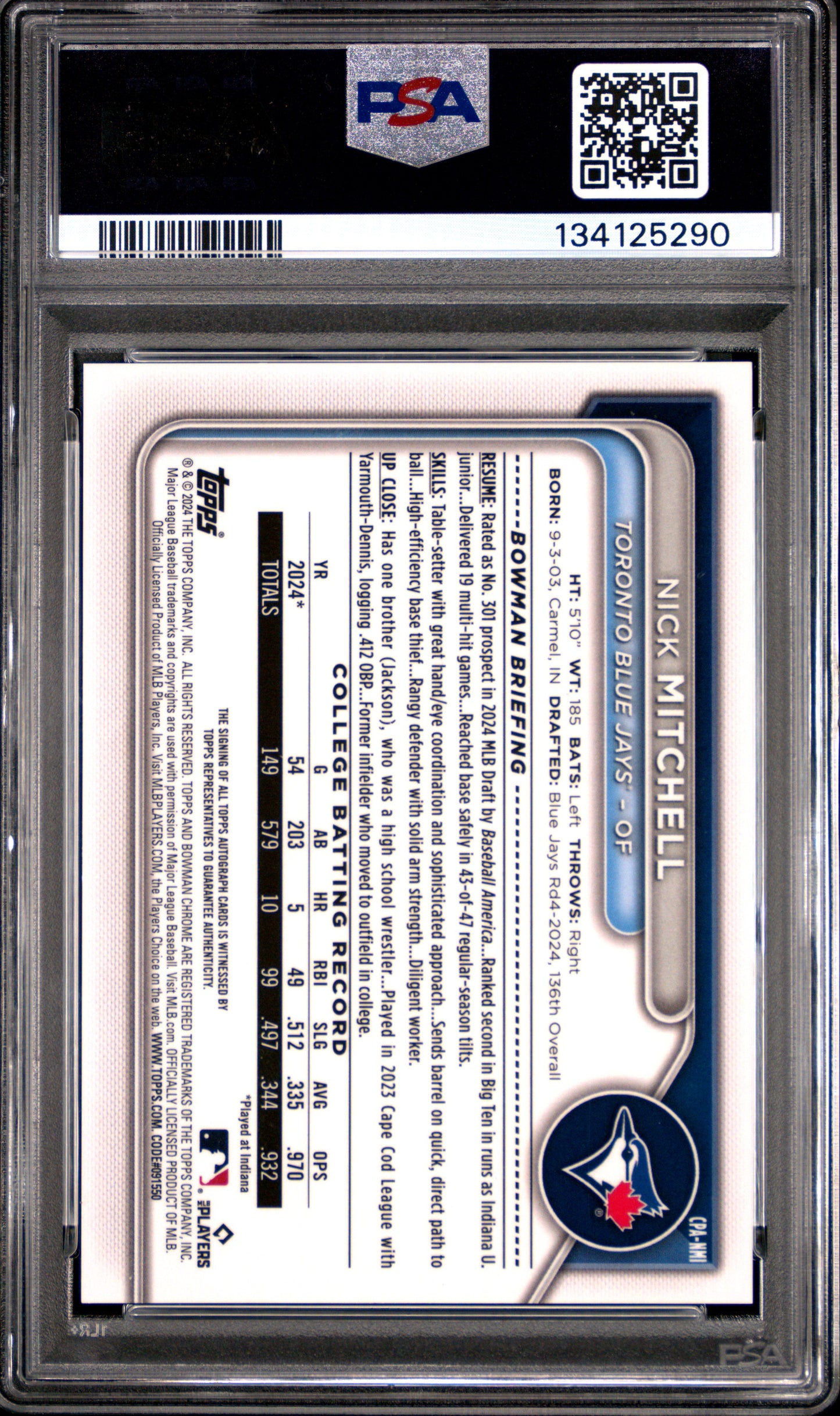 2024 Bowman Draft Chrome Prospect Autographs Nick Mitchell #CPANMI PSA 10