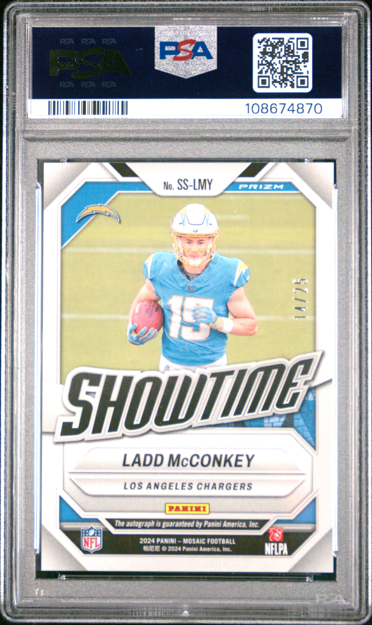 2024 Panini Mosaic Showtime Signatures Ladd McConkey #SSLMY White 14/25 PSA 9
