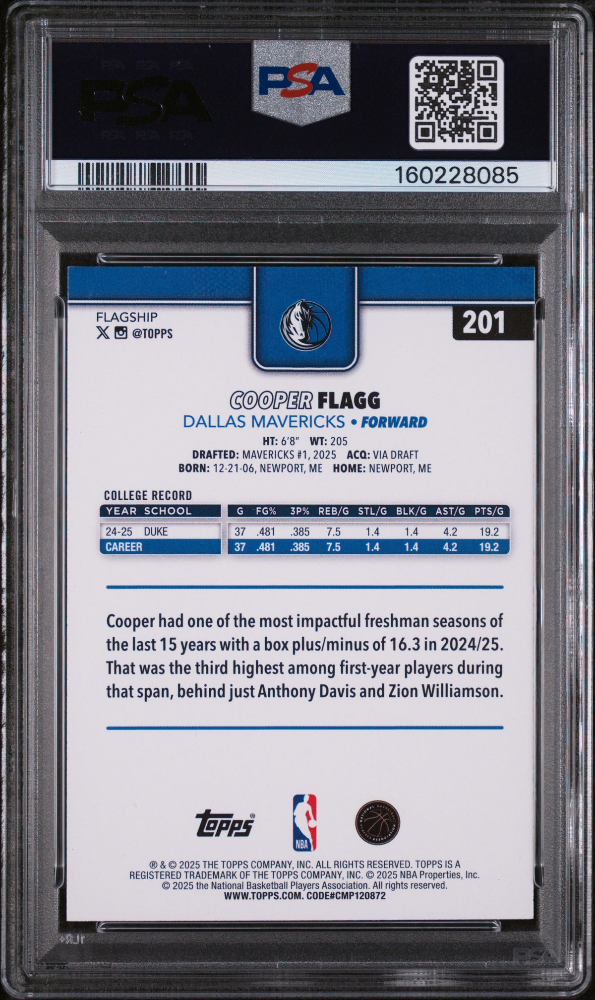 2025 Topps Cooper Flagg #201 RC PSA 9