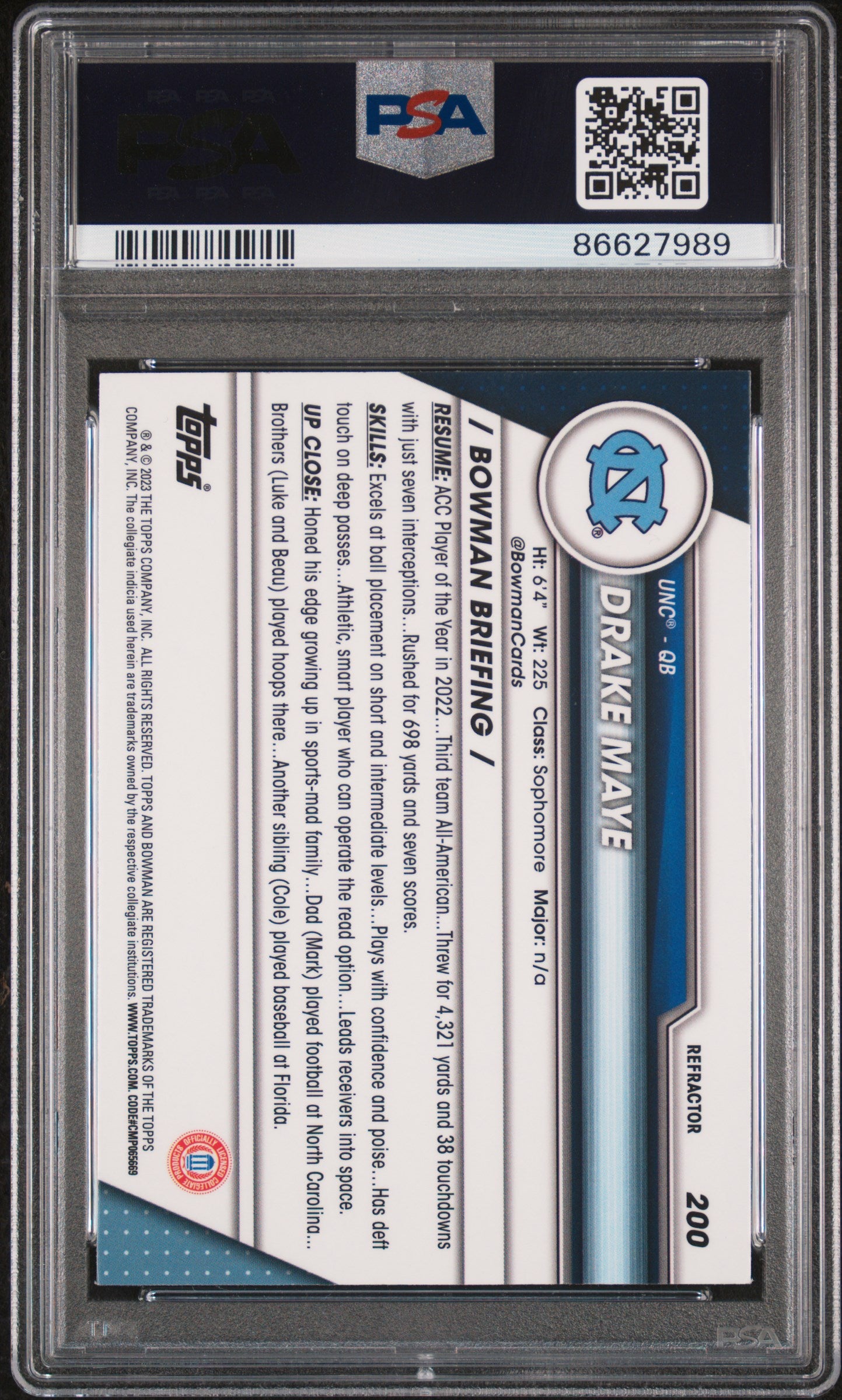 2023 Bowman University Chrome Drake Maye #200 Refractor PSA 10