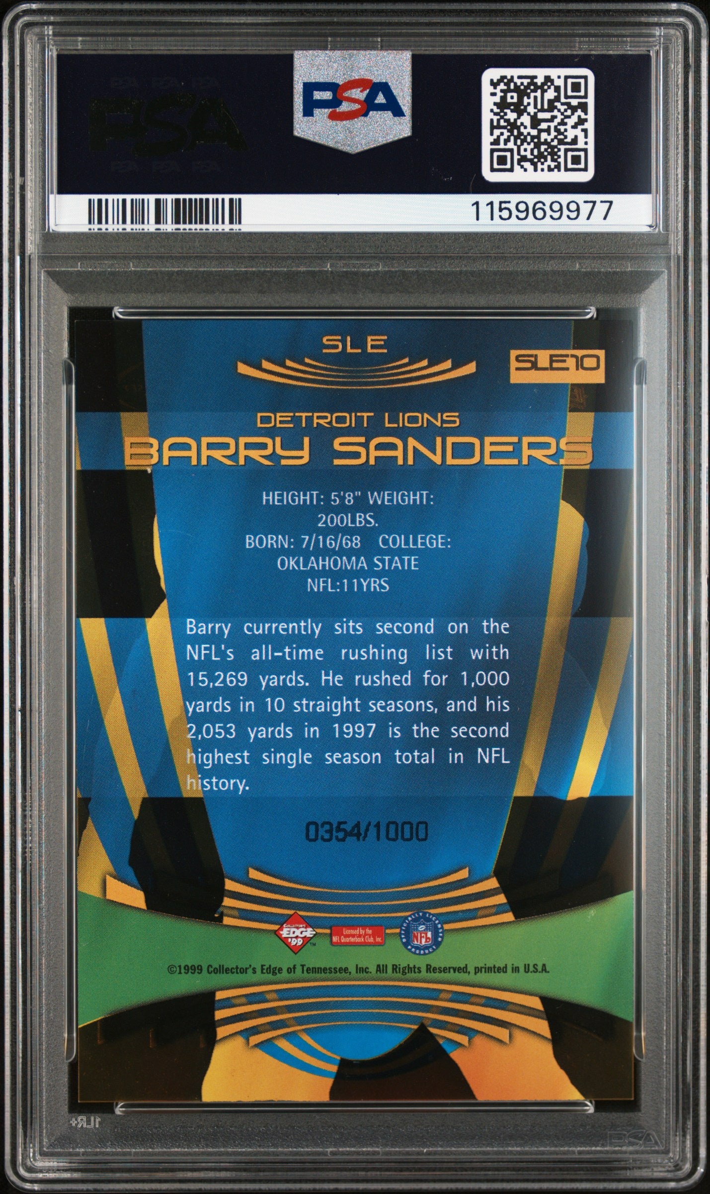 1999 Collector's Edge Odyssey Super Limited Edge Barry Sanders 0354/1000 PSA 10