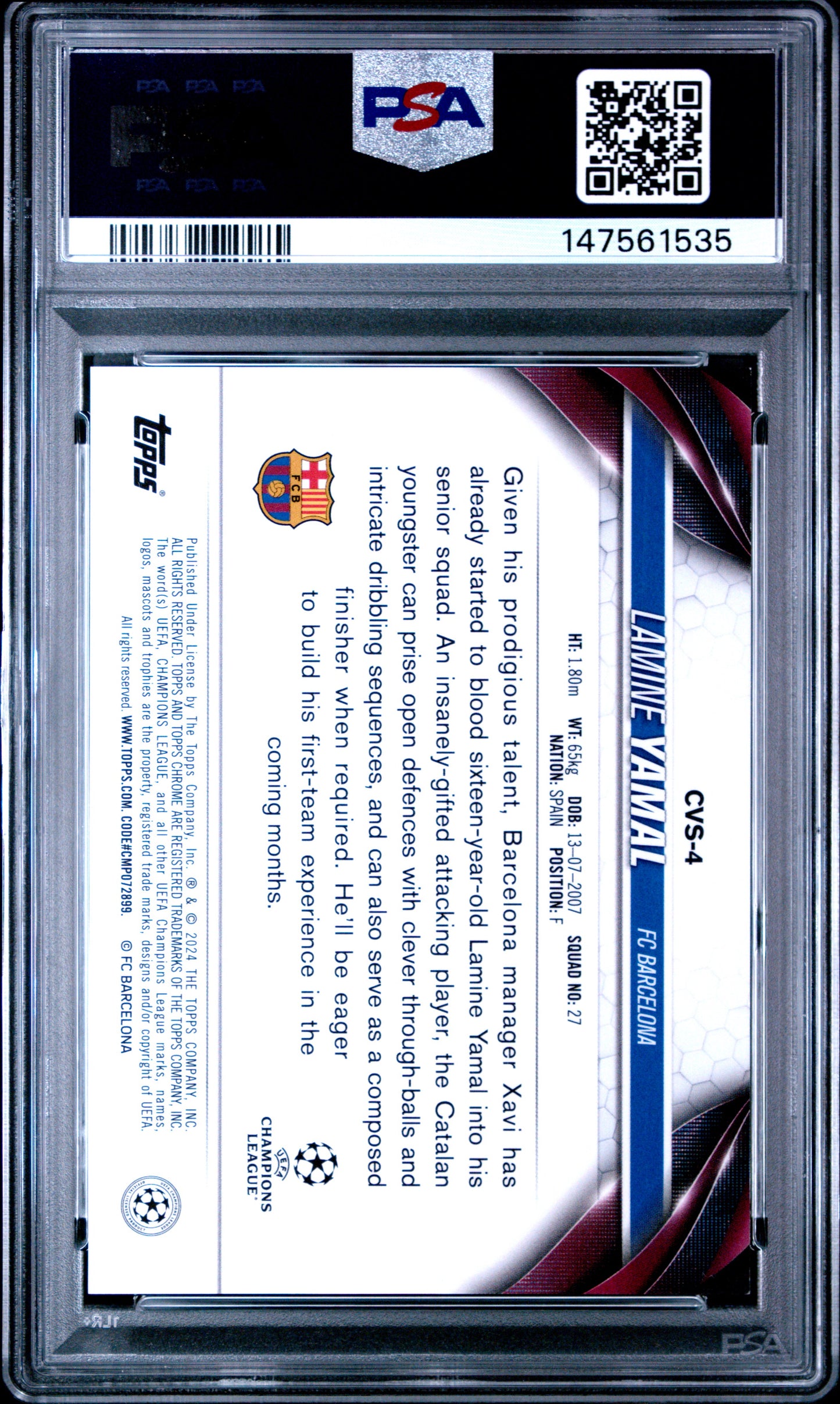 2023-24 Topps Chrome Sapphire Edition UCC Image Variations Lamine Yamal #4 PSA 9
