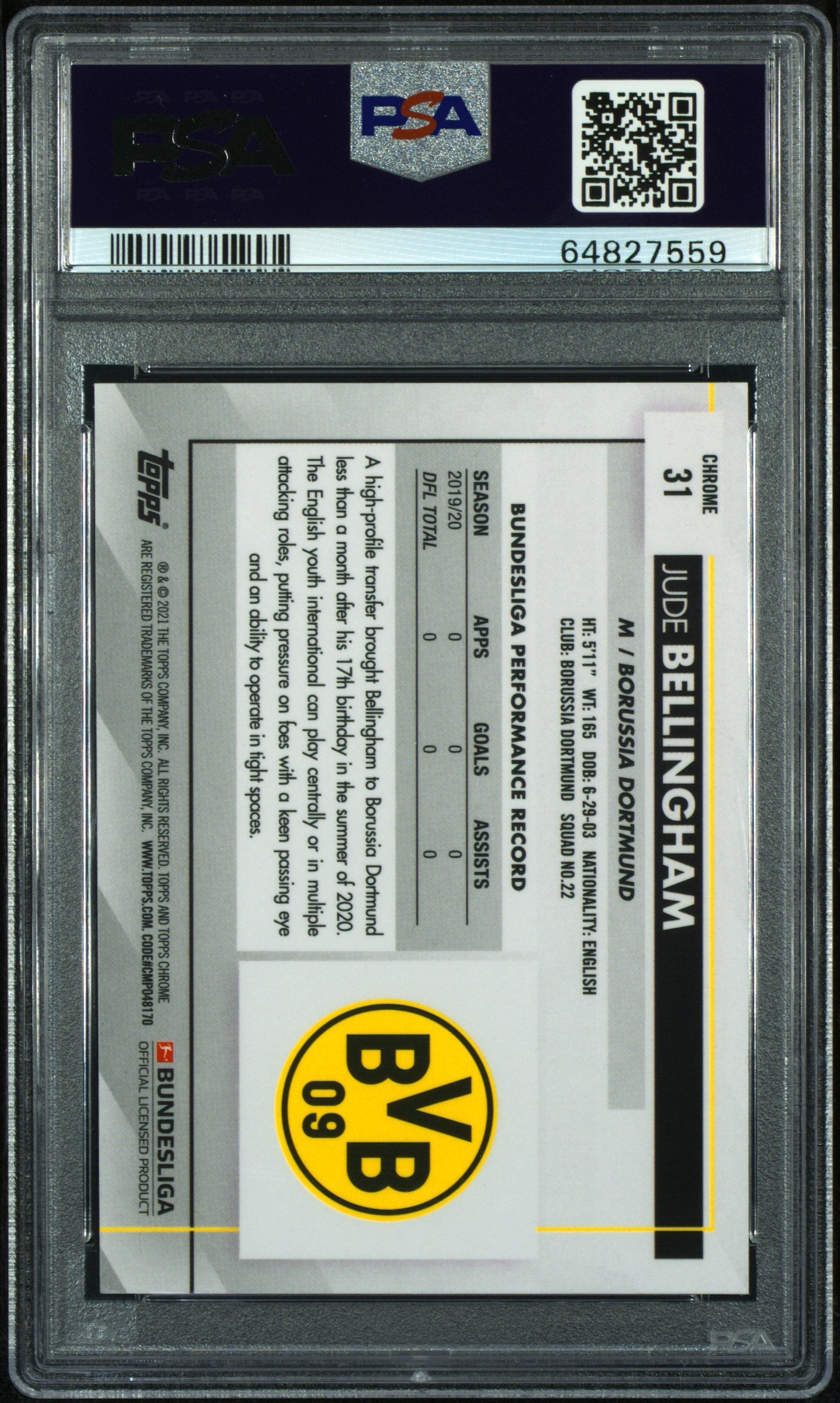 2020 Topps Chrome Bundesliga Sapphire Edition Jude Bellingham #31 PSA 9