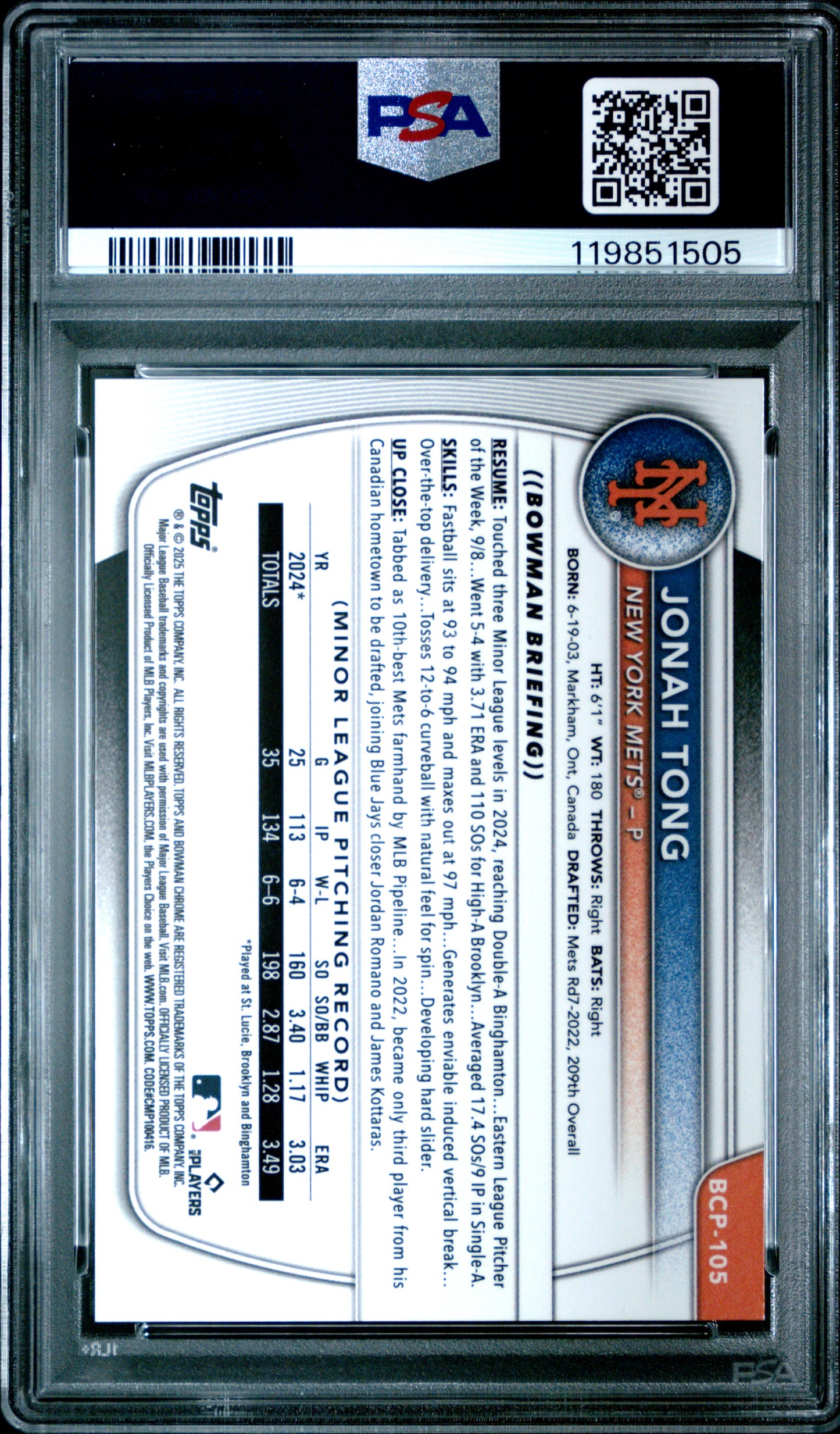 2025 Bowman Chrome Prospects Jonah Tong #BCP105 Gold Geometric 18/50 PSA 9