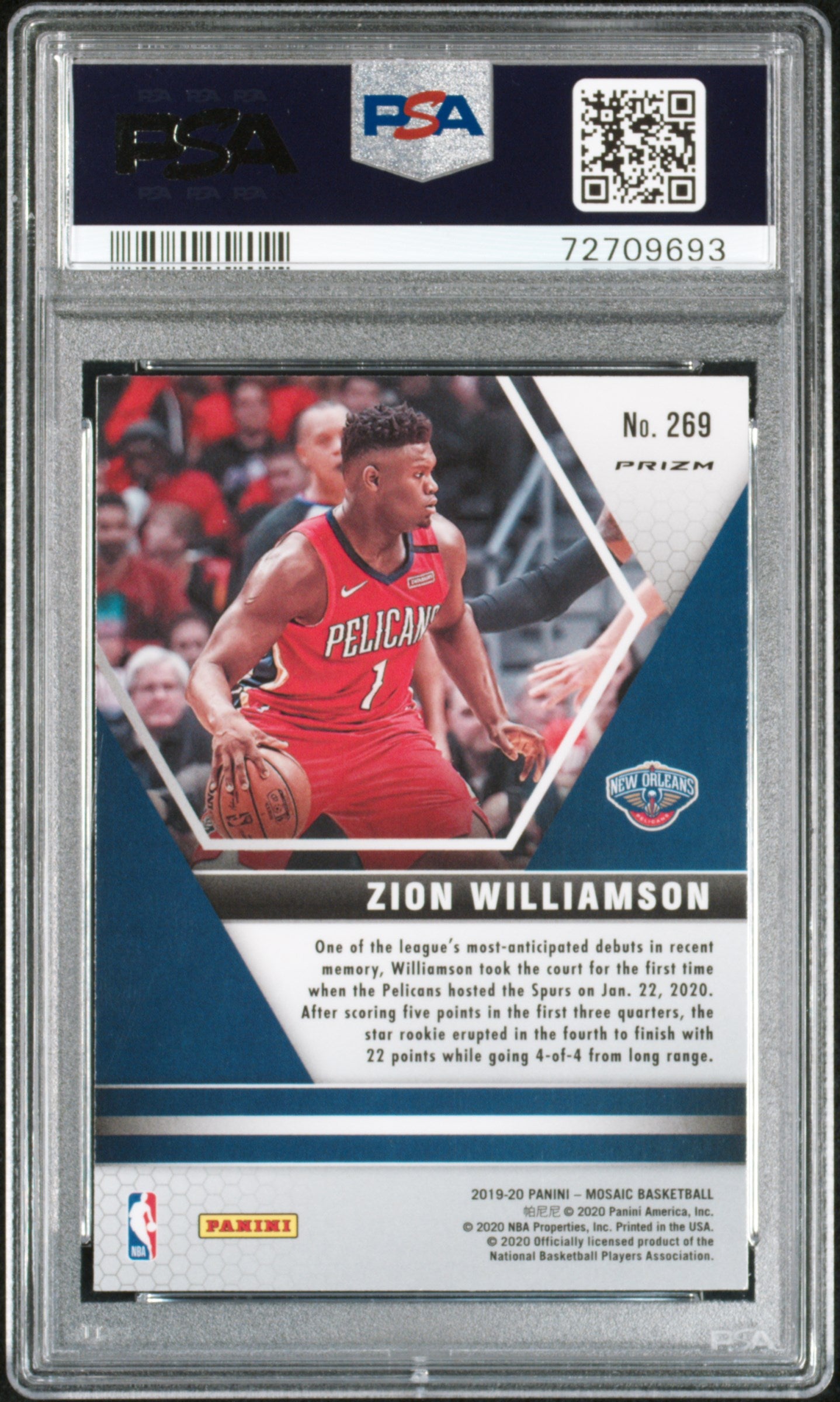 2019 Panini Mosaic Zion Williamson #269 Silver Prizm RC PSA 10