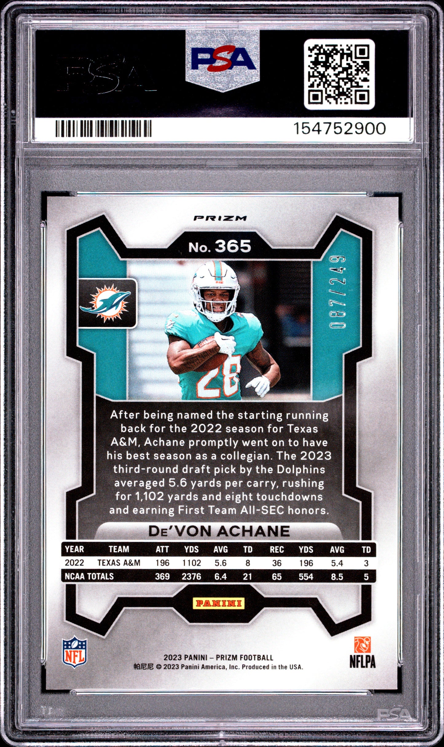 2023 Panini Prizm De'von Achane #365 Orange PSA 9