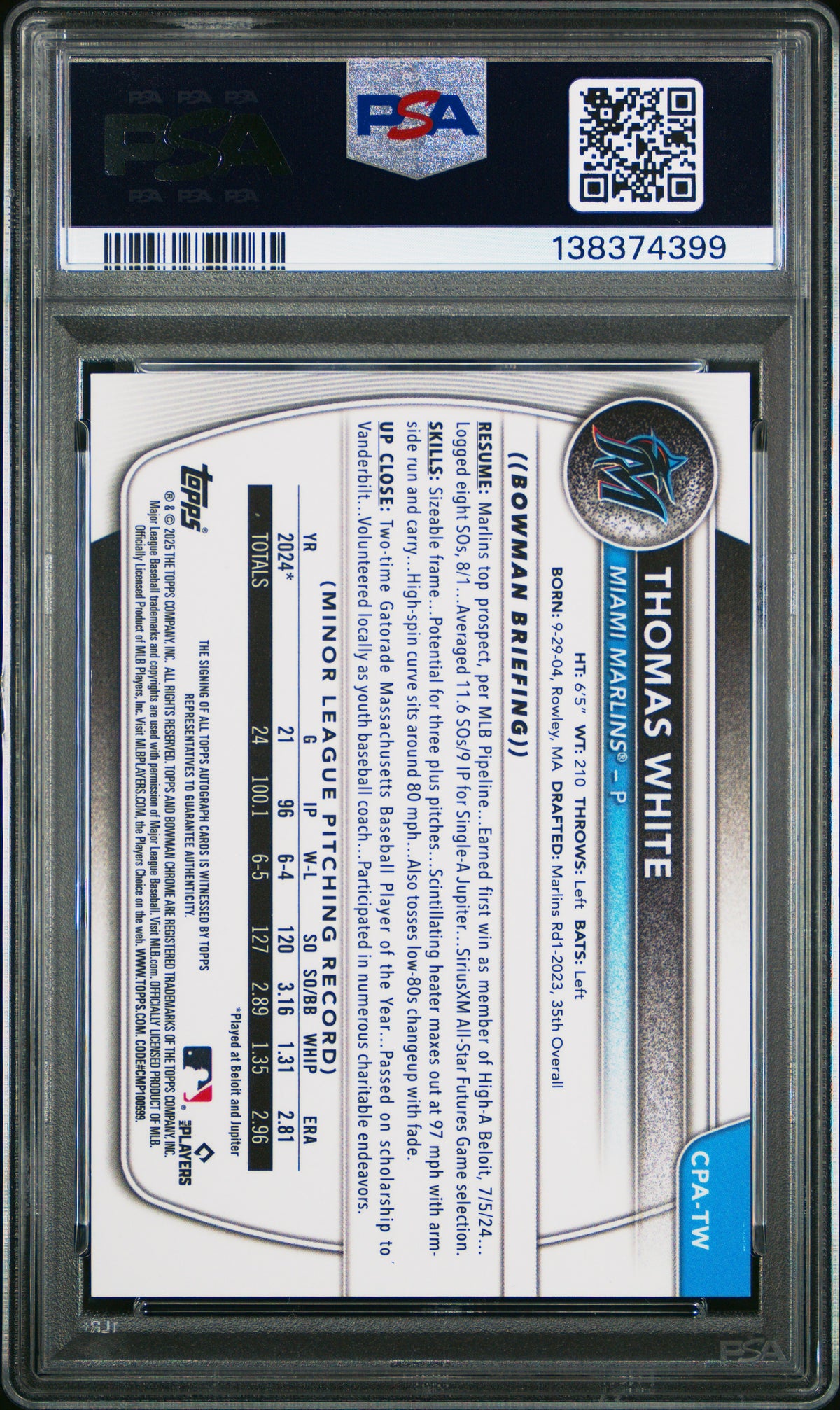 2025 Bowman Chrome Prospect Autographs Thomas White #CPATW Blue 033/150 PSA 8
