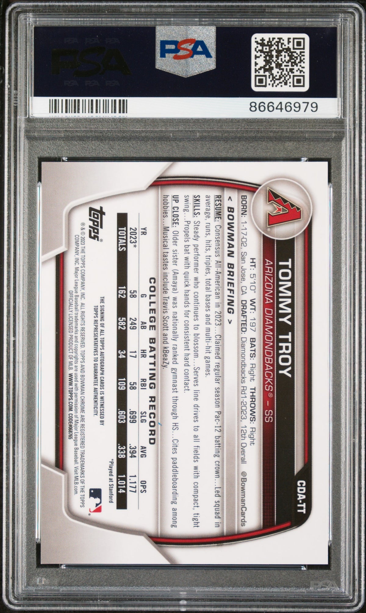 2023 Bowman Draft Chrome Prospect Autograph Tommy Troy #CDATT PSA 10