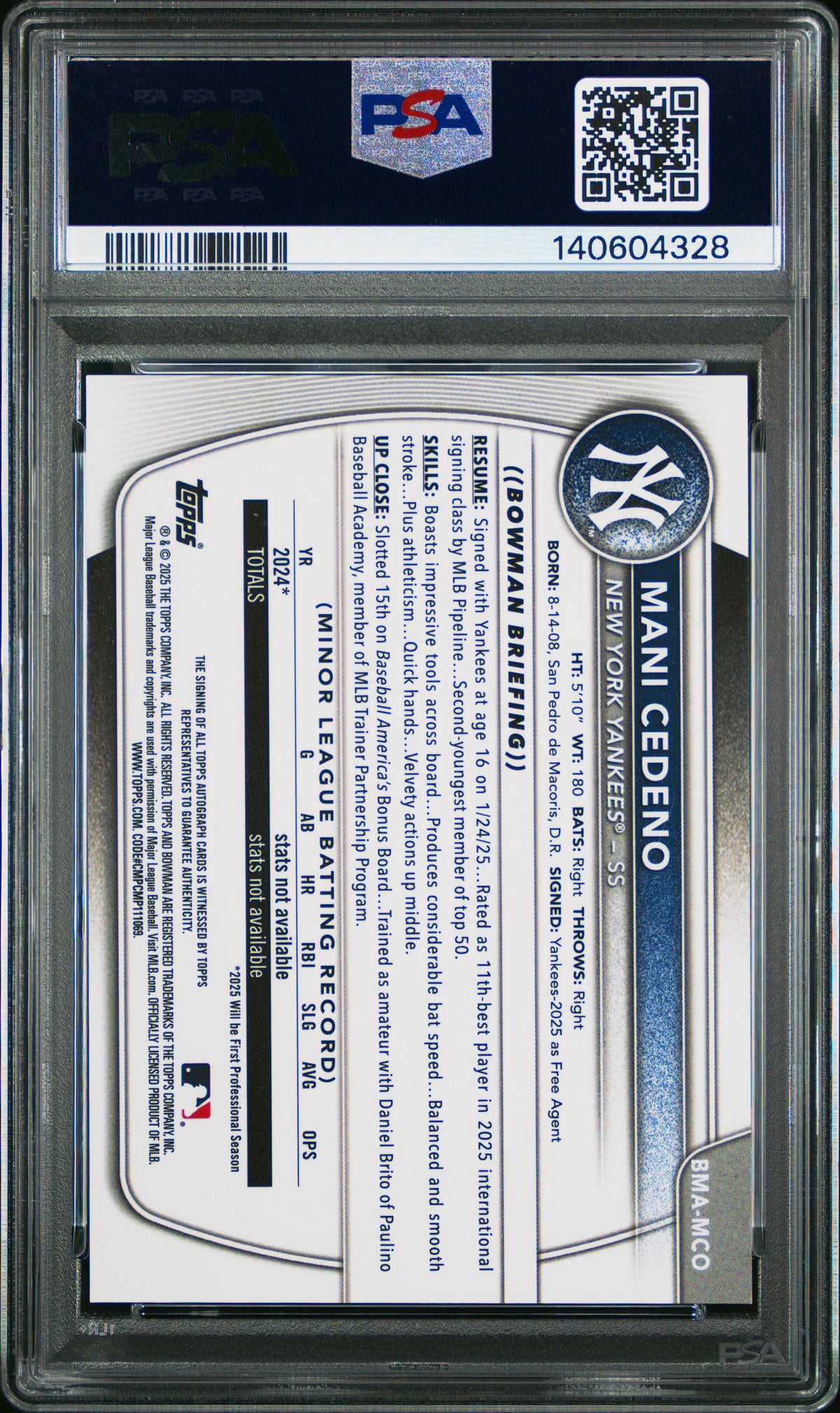 2025 Bowman Chrome Prospects Autographs Mani Cedeno Steel Metal 005/100 PSA 10