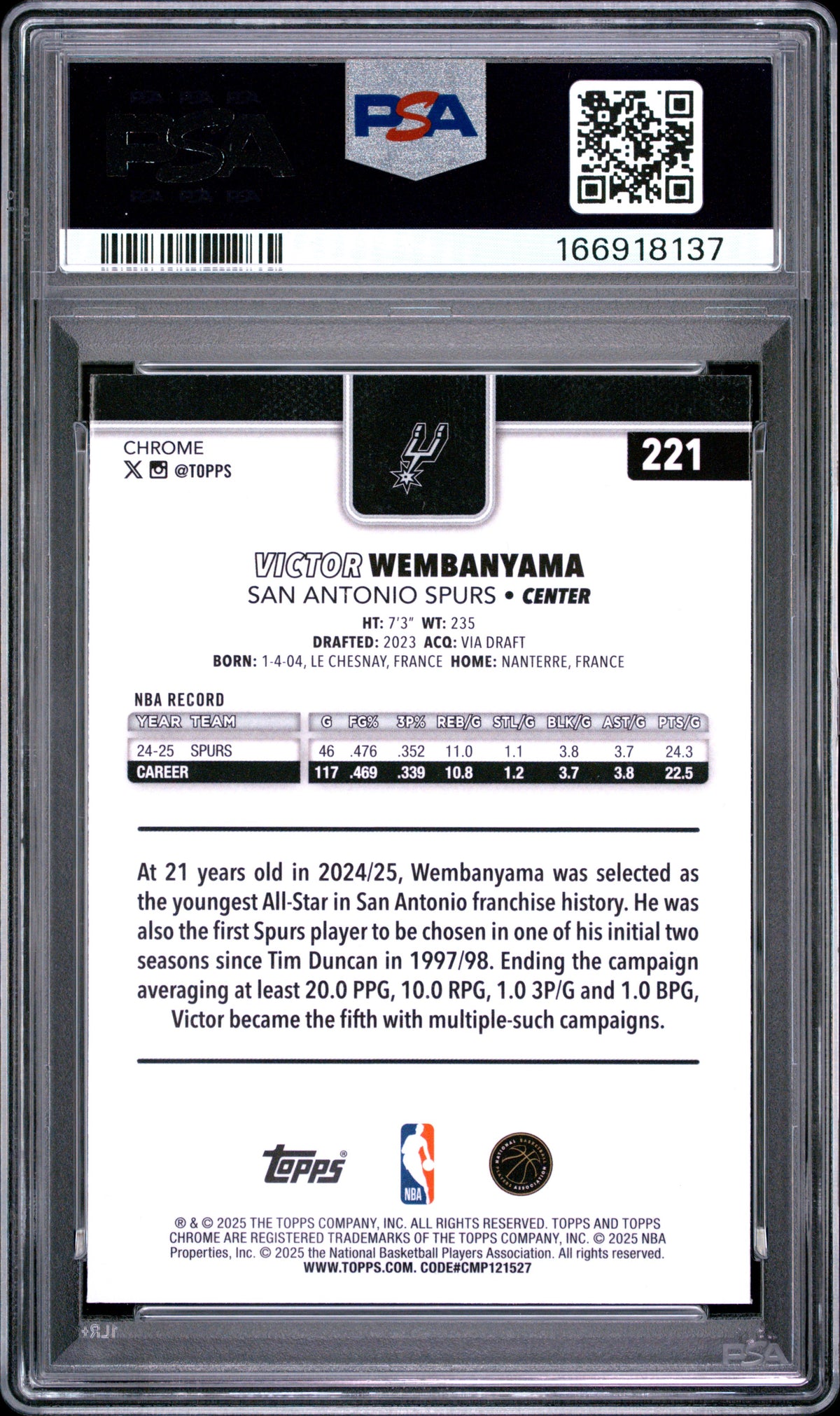 2025 Topps Chrome Victor Wembanyama #221 Basketball Refractor PSA 10