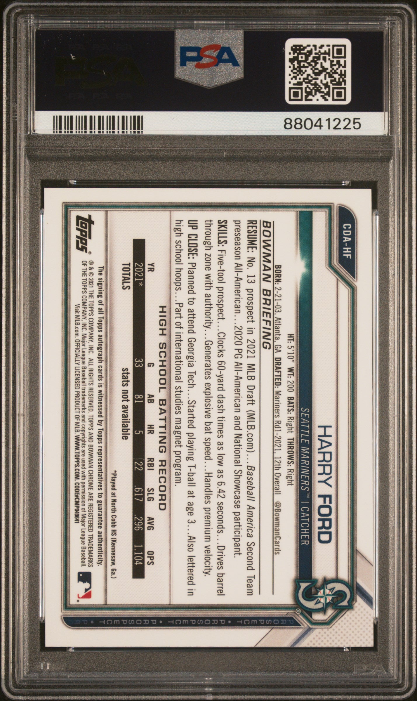 2021 Bowman Draft Chrome Draft Pick Auto Harry Ford Black Refractor 18/75 PSA 10