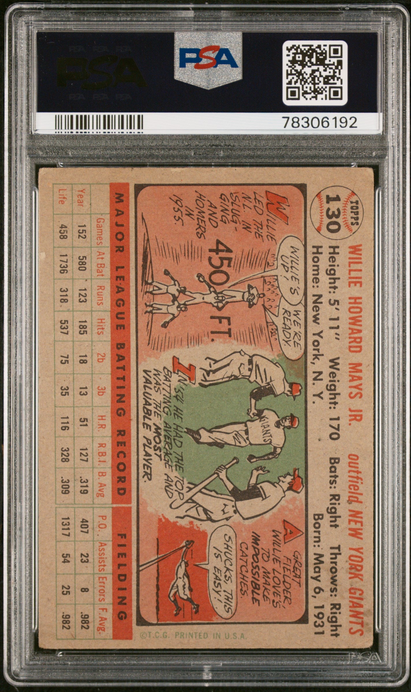 1956 Topps Willie Mays #130 Gray Back PSA 1