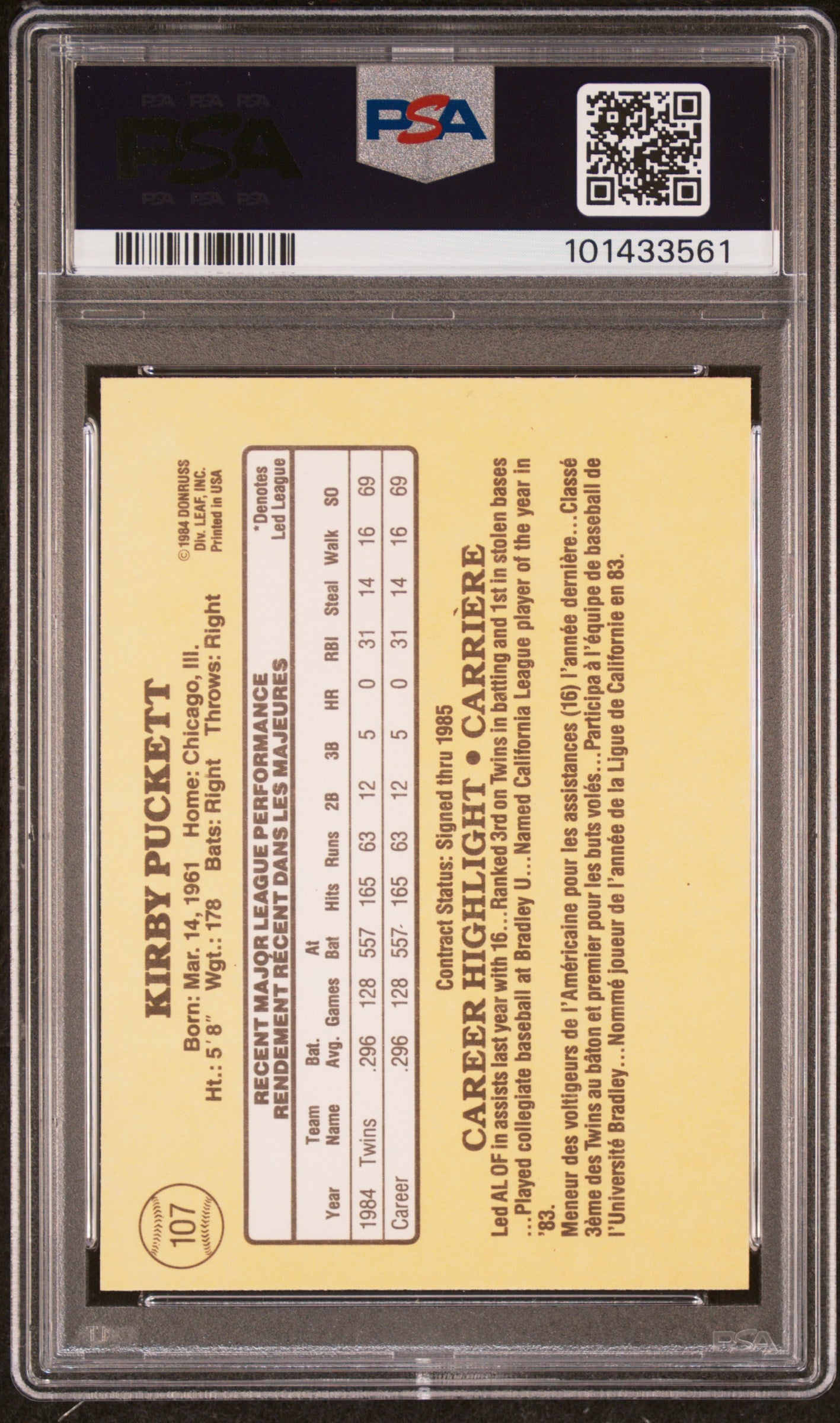 1985 Leaf Kirby Puckett #107 PSA 8