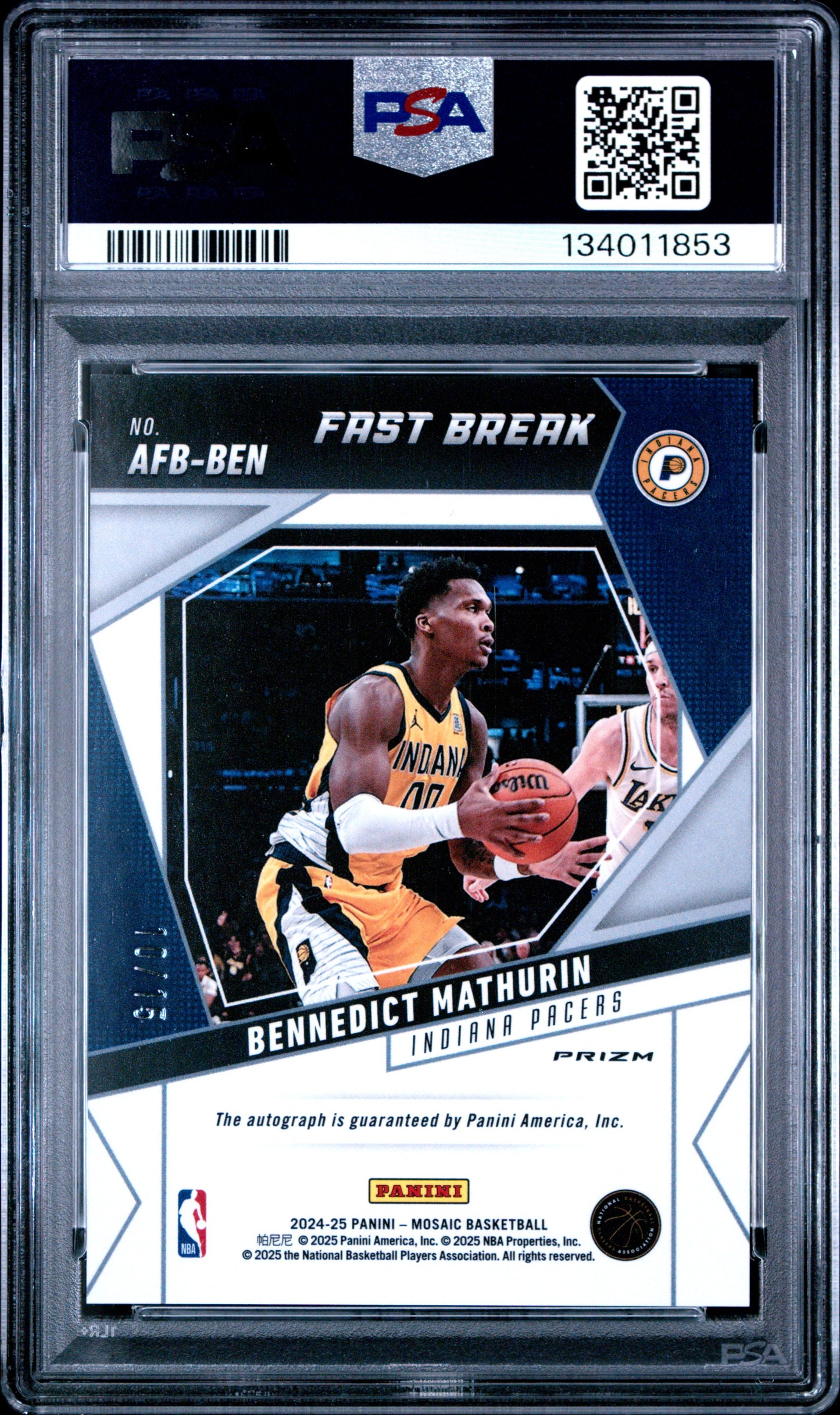 2024 Panini Mosaic Fast Break Autographs Bennedict Mathurin #AFBBEN Pink PSA 10
