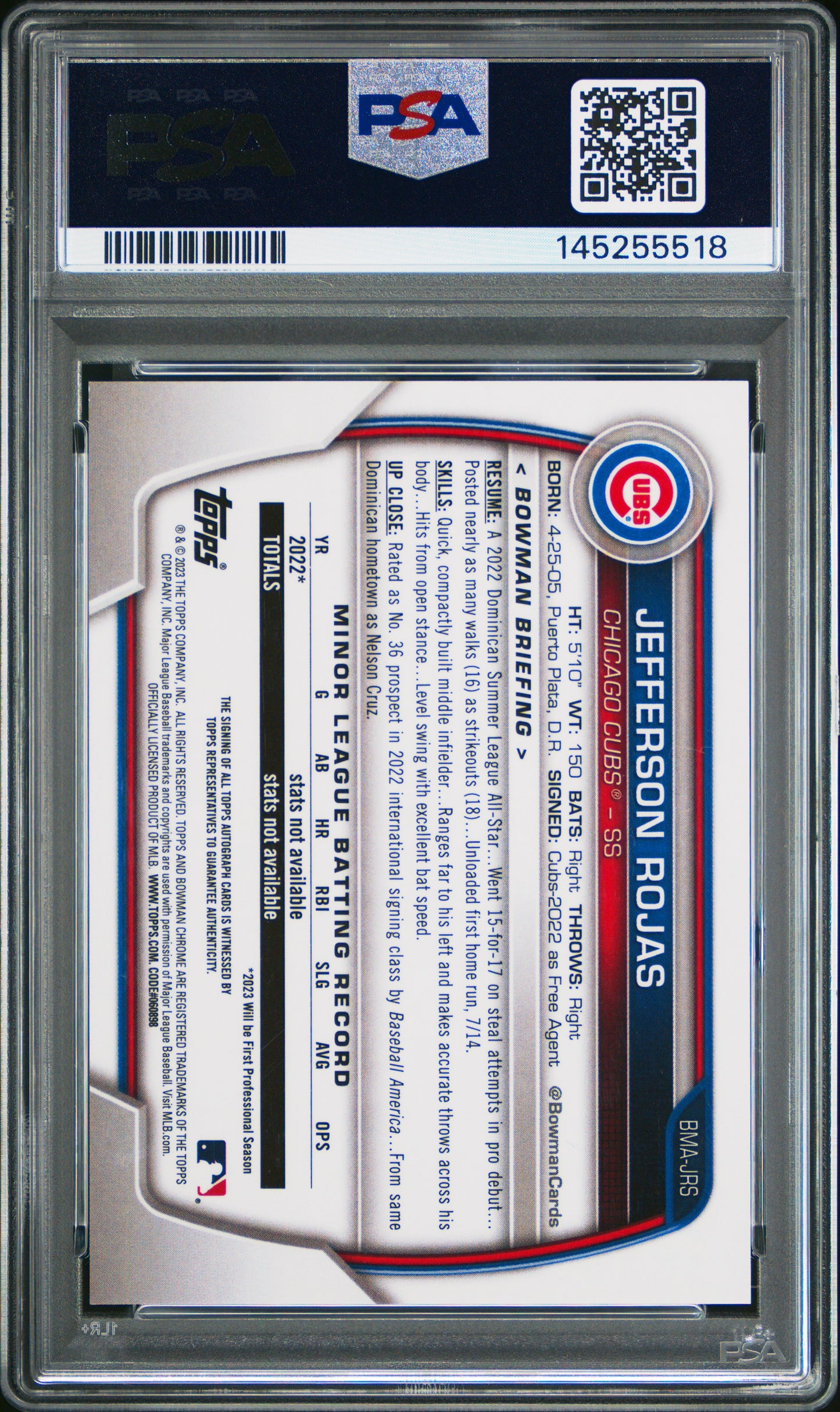 2023 Bowman Mega Box Chrome Prospect Auto Jefferson Rojas Blue Ref /750 PSA 9
