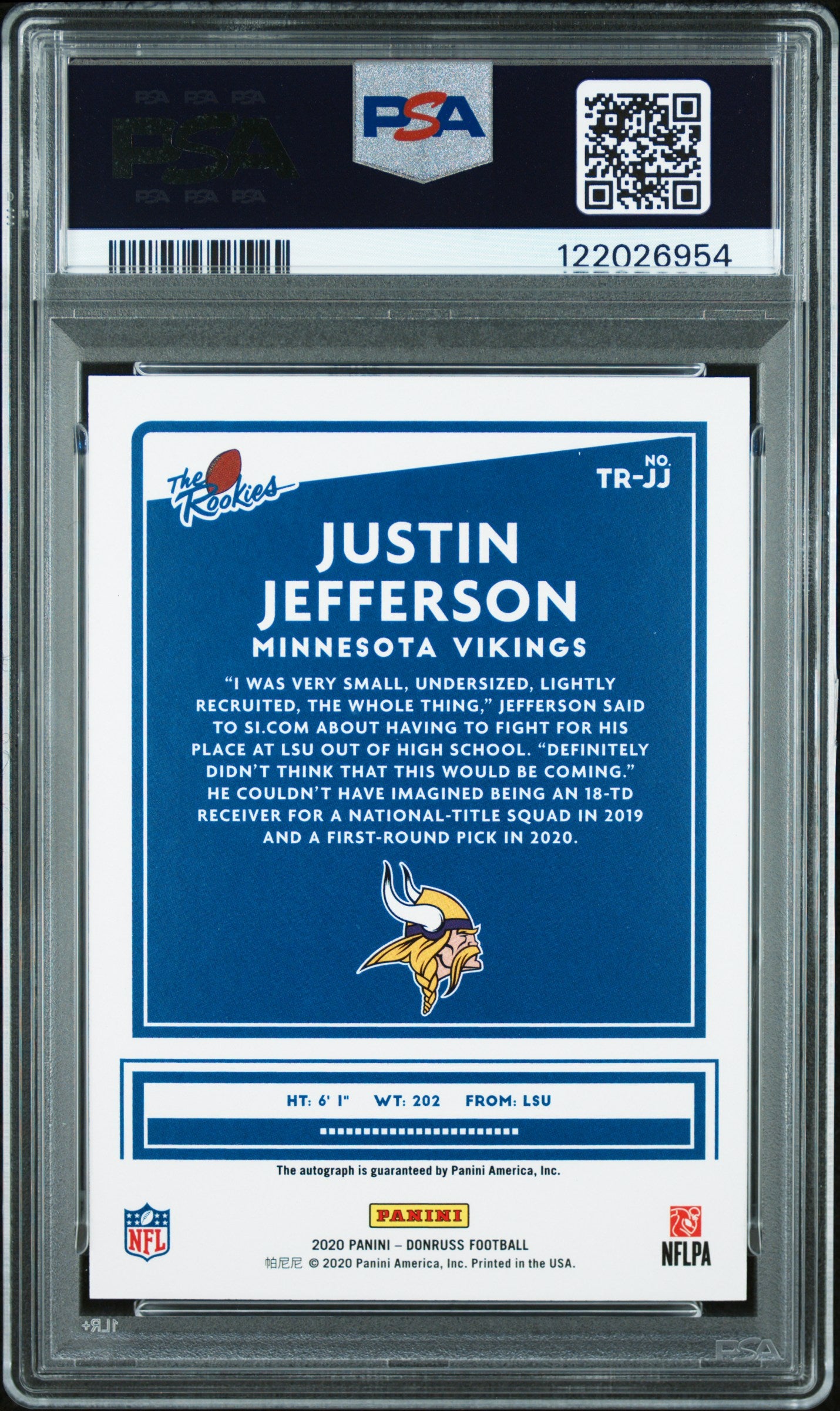 2020 Panini Donruss The Rookies Justin Jefferson #TR-JJ Autograph 094/149 PSA 10