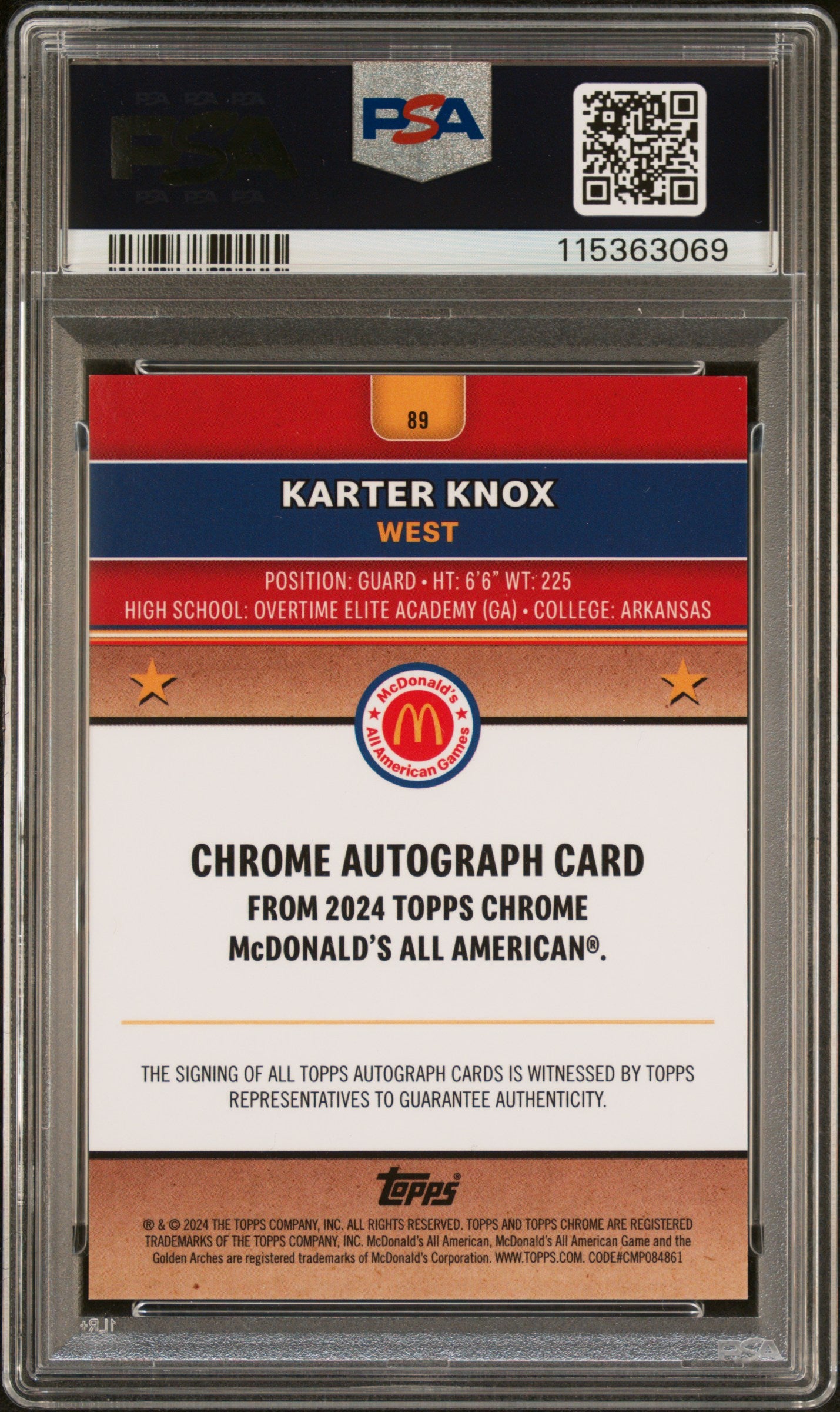 2024 Topps Chrome McDonalds Karter Knox #89 Autograph Black 01/10 PSA 10 Auto 10