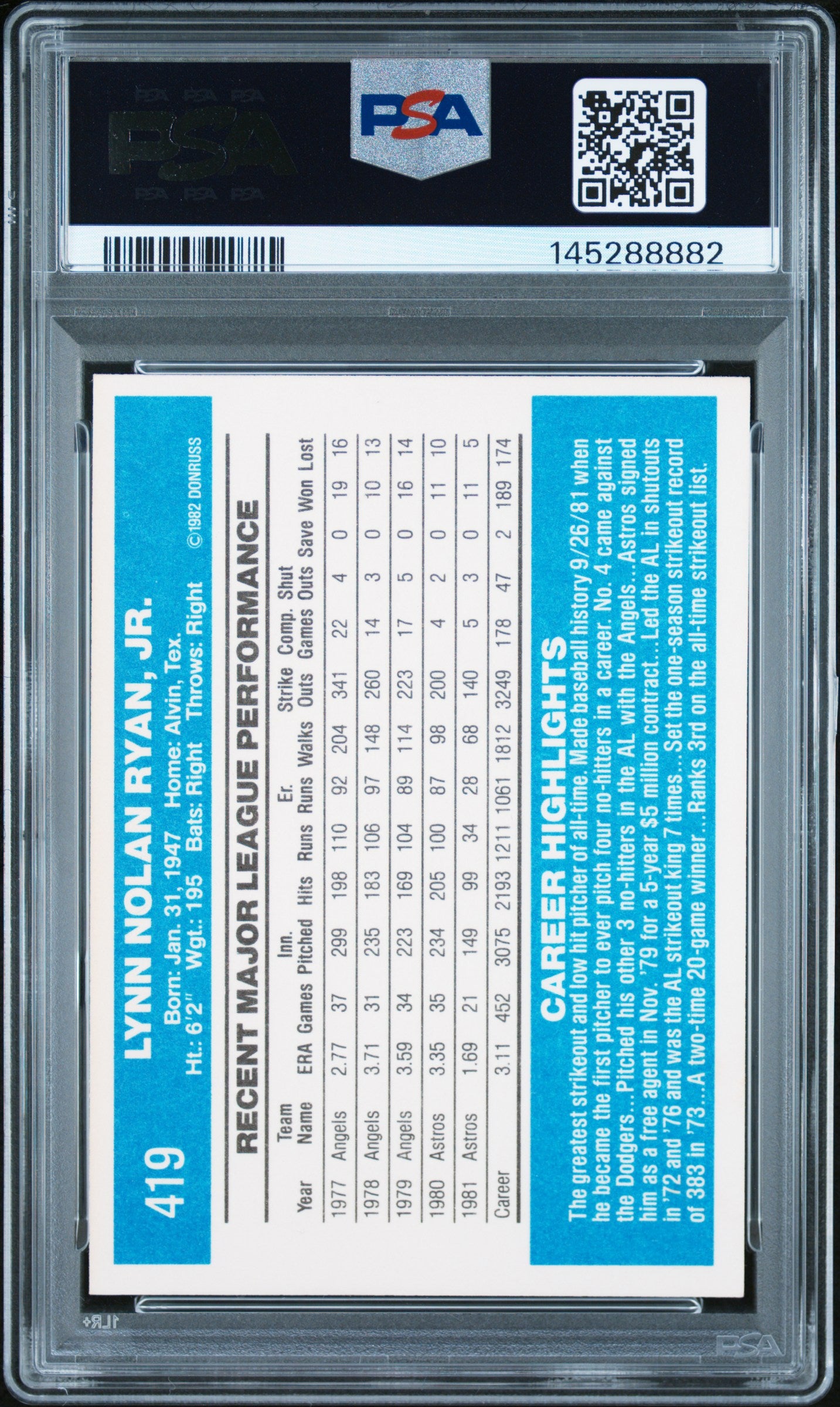 1982 Donruss Nolan Ryan #419 PSA A Auto A