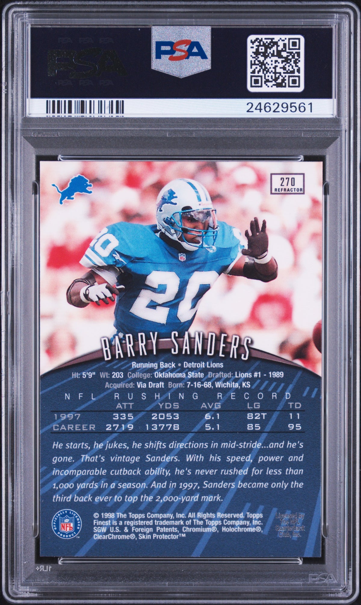 1998 Topps Finest Barry Sanders #270 Refractor (pop 7) PSA 10