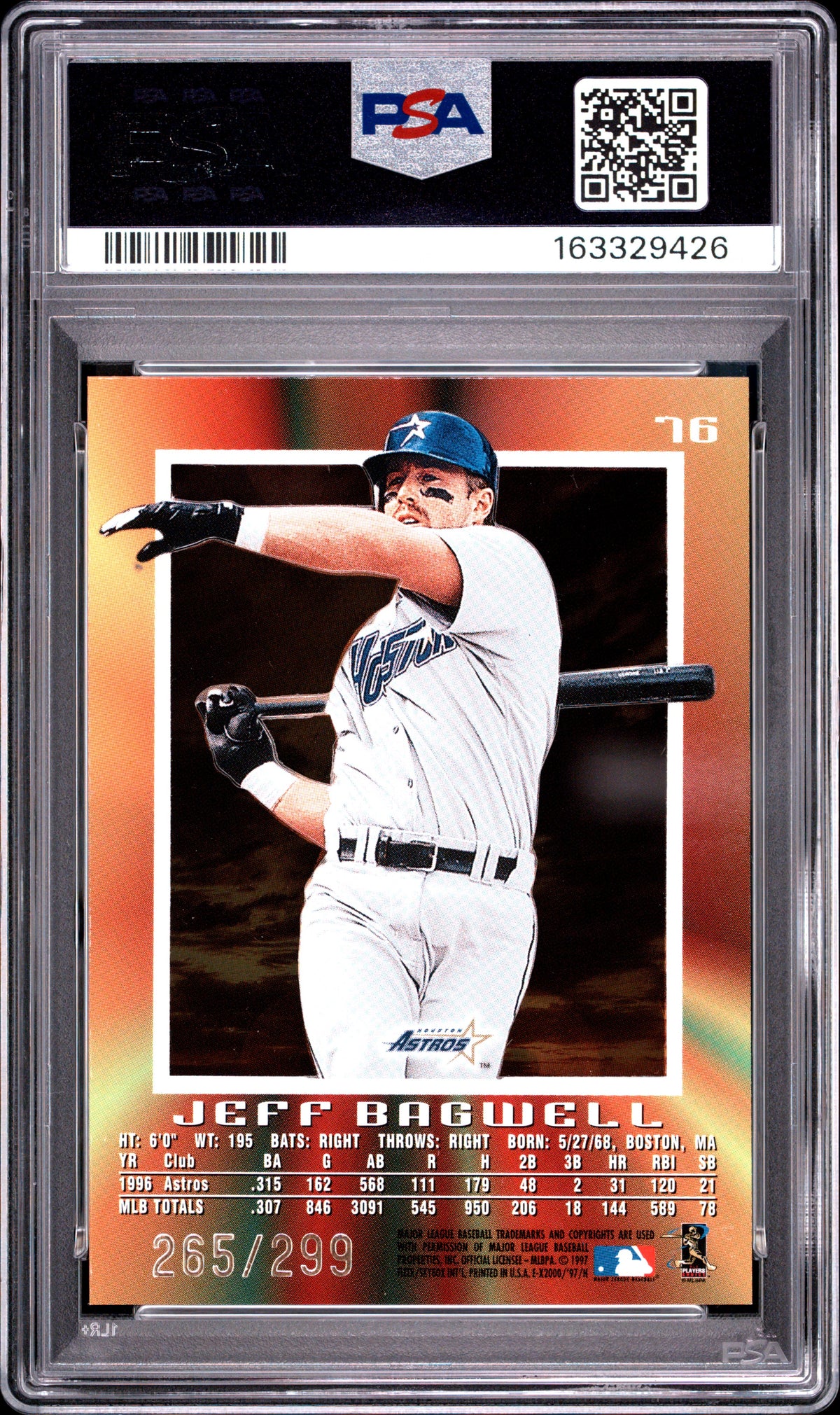 1997 Skybox E-X 2000 Jeff Bagwell #76 Credentials 265/299 PSA 8