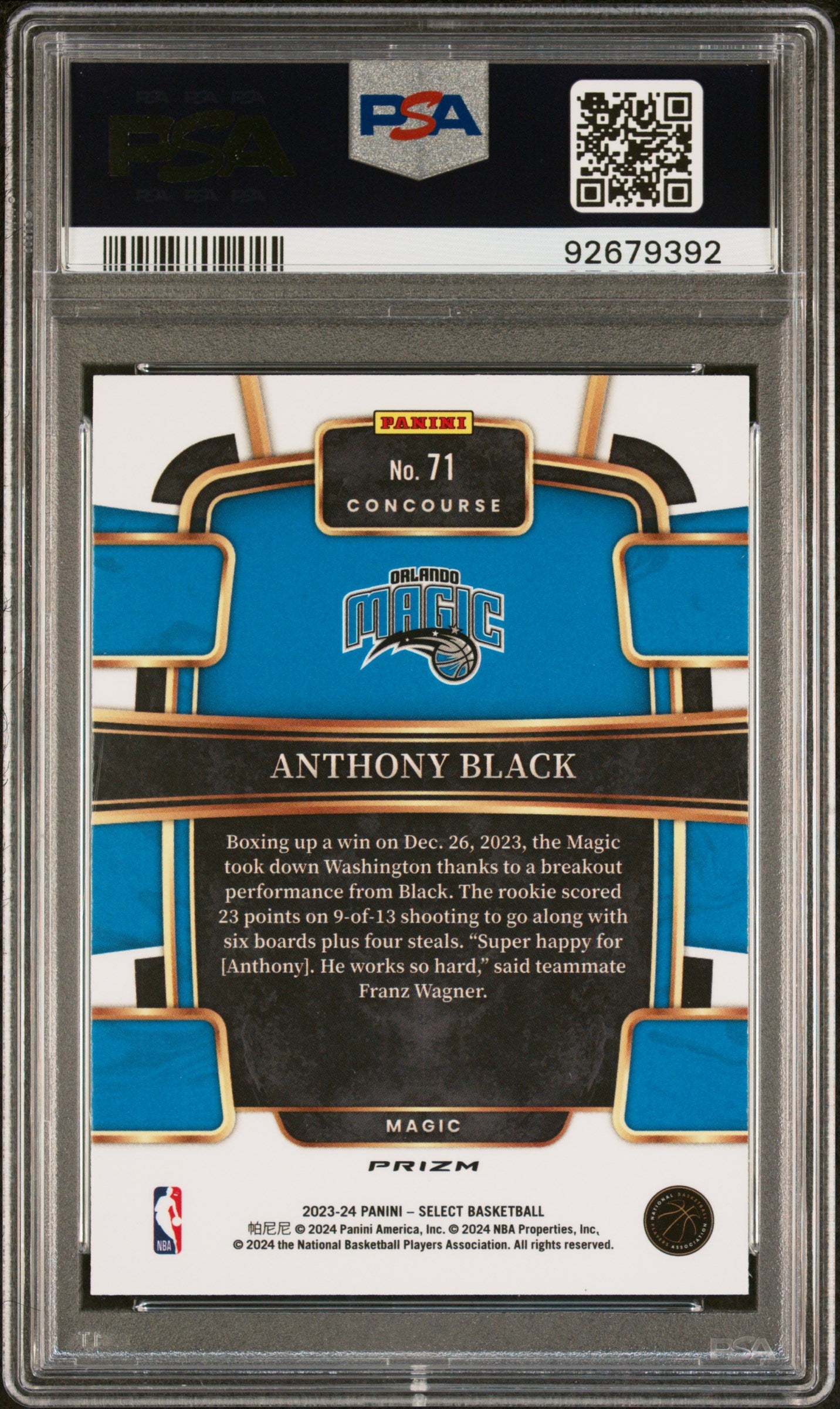 2023 Panini Select Anthony Black #71 Silver Prizm PSA 9