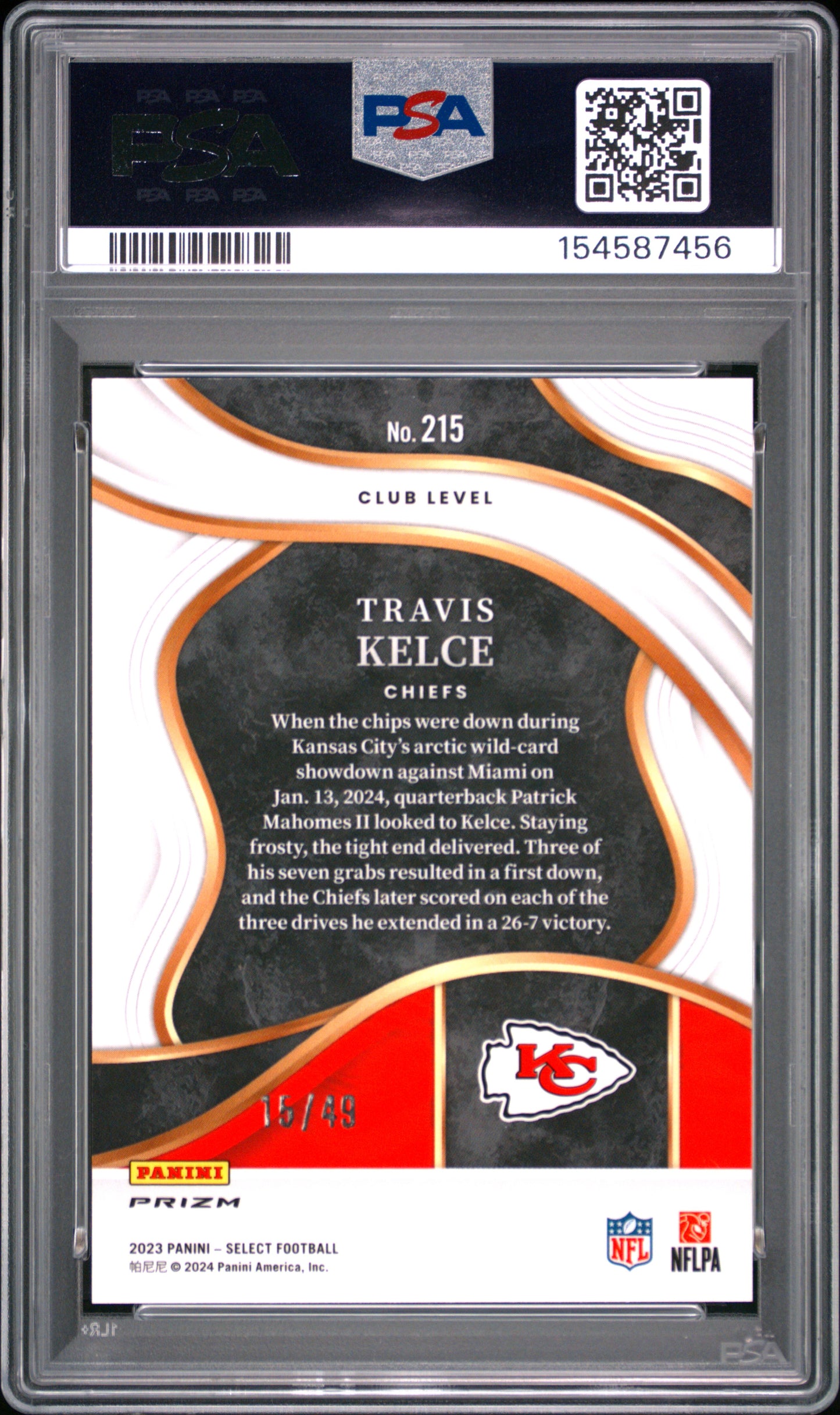 2023 Panini Select Travis Kelce #215 Red Prizm 15/49 PSA 10