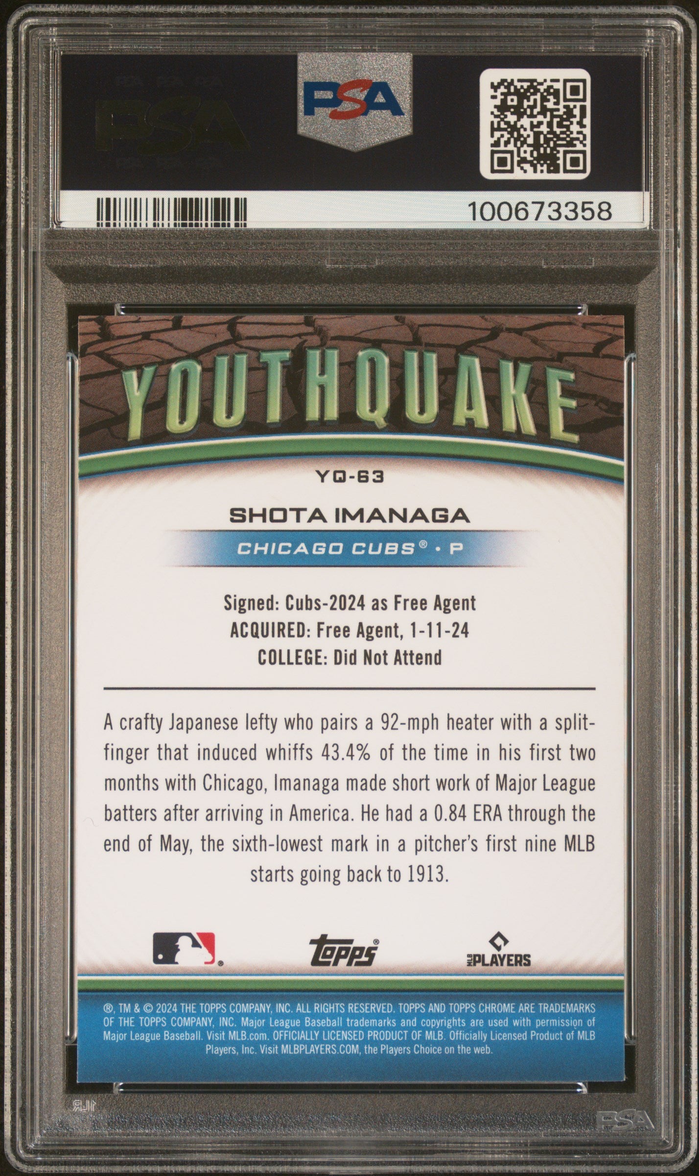 2024 Topps Chrome Youthquake Shota Imanaga #YQ63 Gold Refractor 29/50 PSA 10
