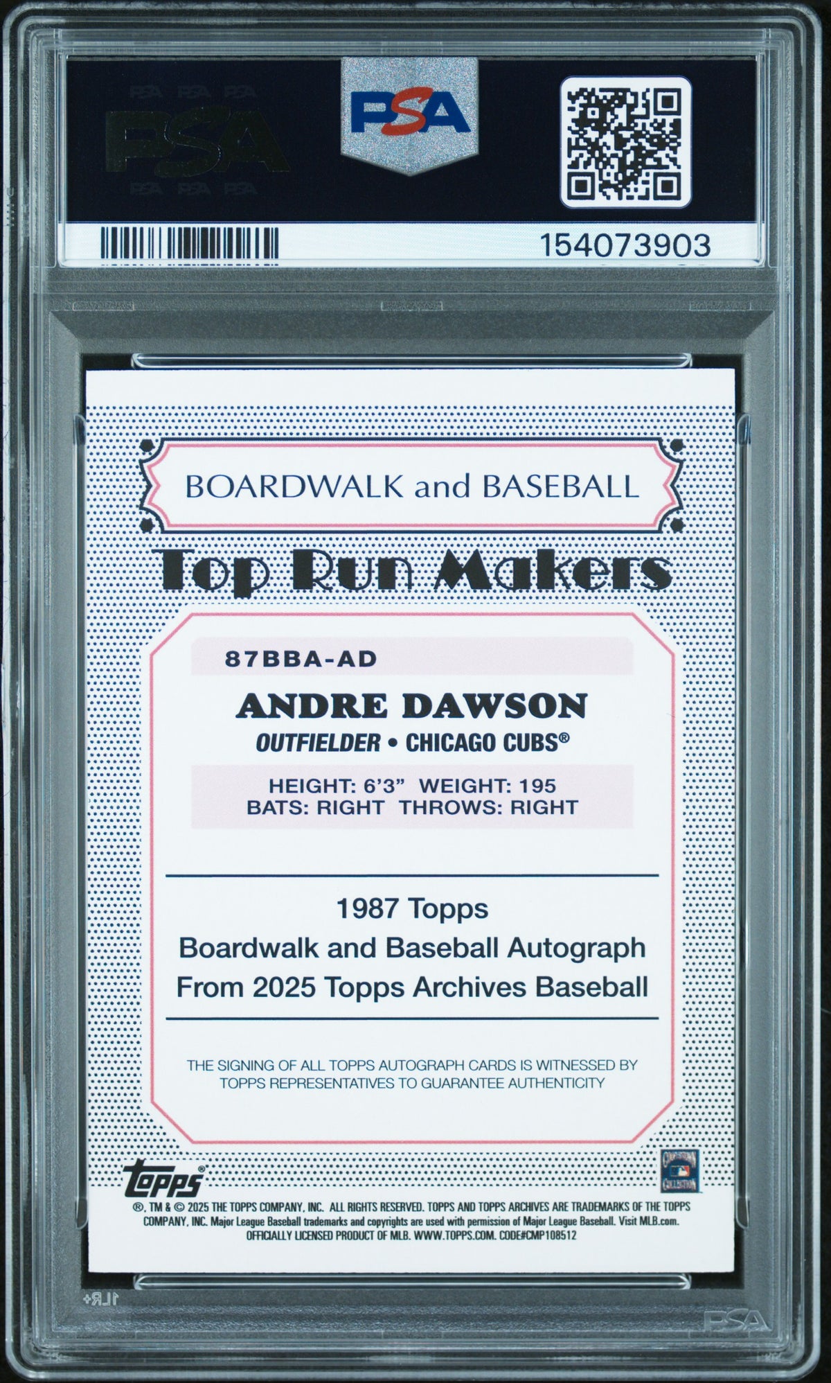 2025 Topps Archives 1987 B&B Autograph Andre Dawson #AD Red Foilboard 4/10 PSA 9